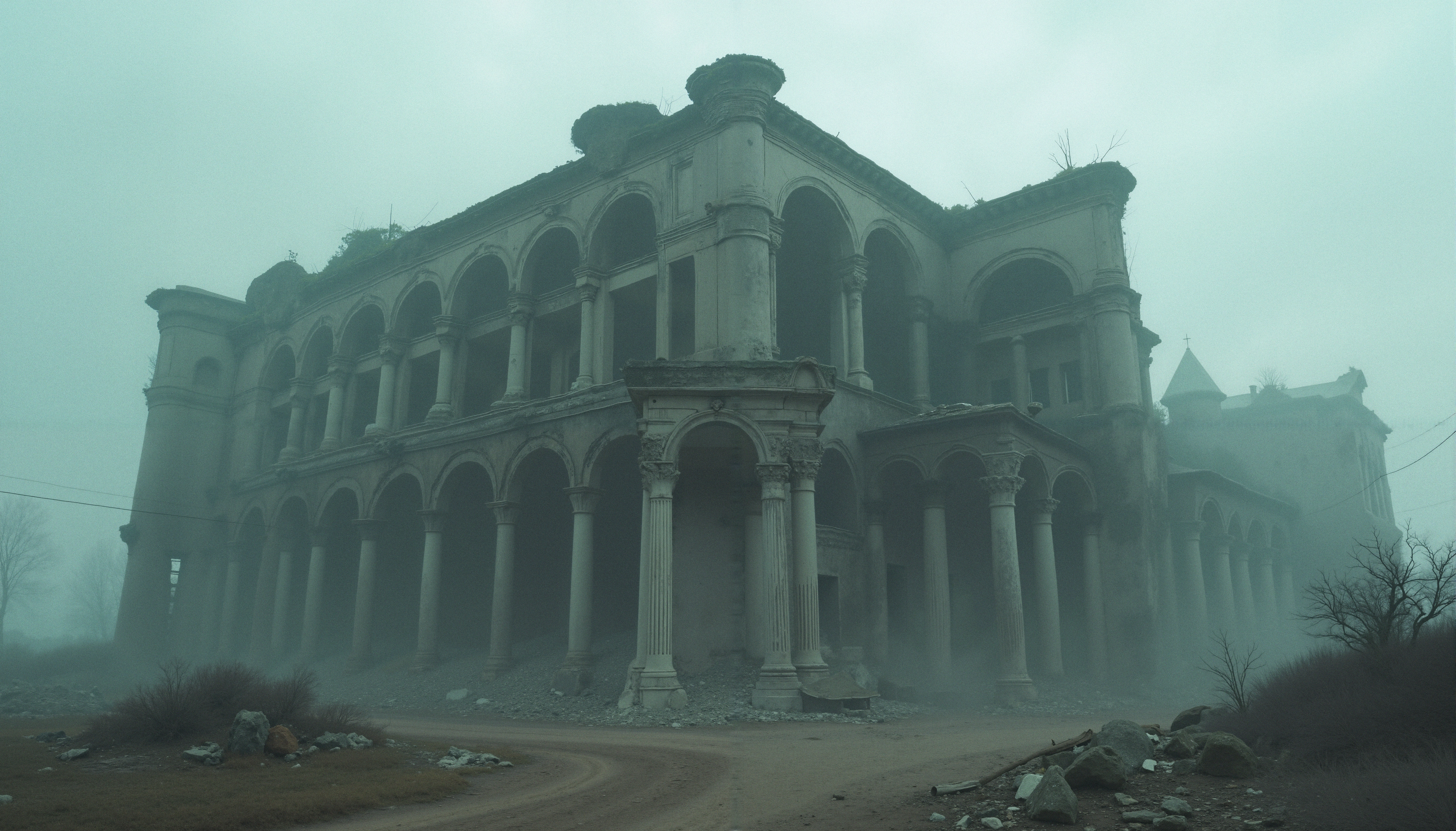 A haunting, misty abandoned building with classical columns.
