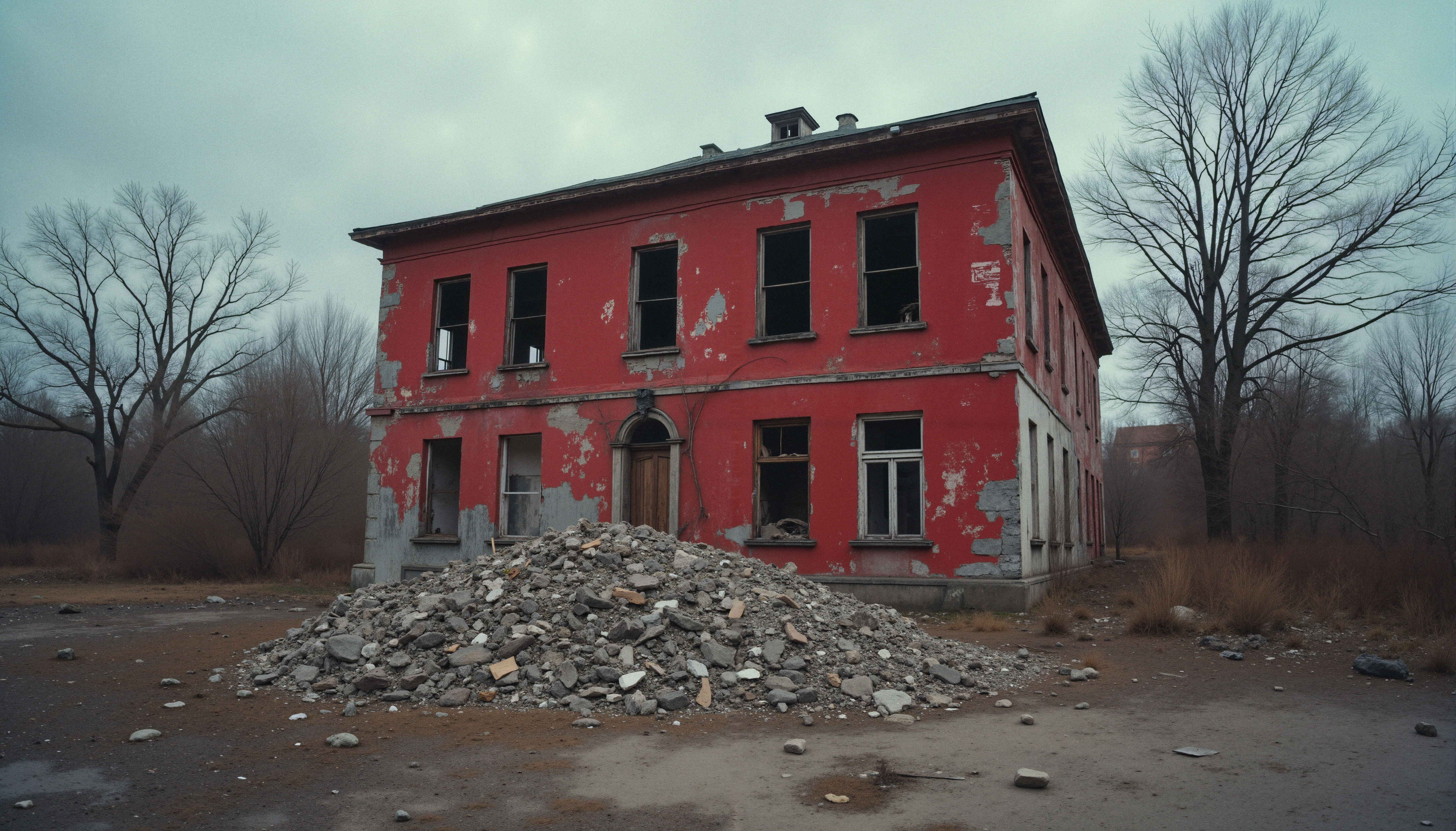 An abandoned red building with peeling paint and rubble at the front on an overcast day surrounded by leafless trees.