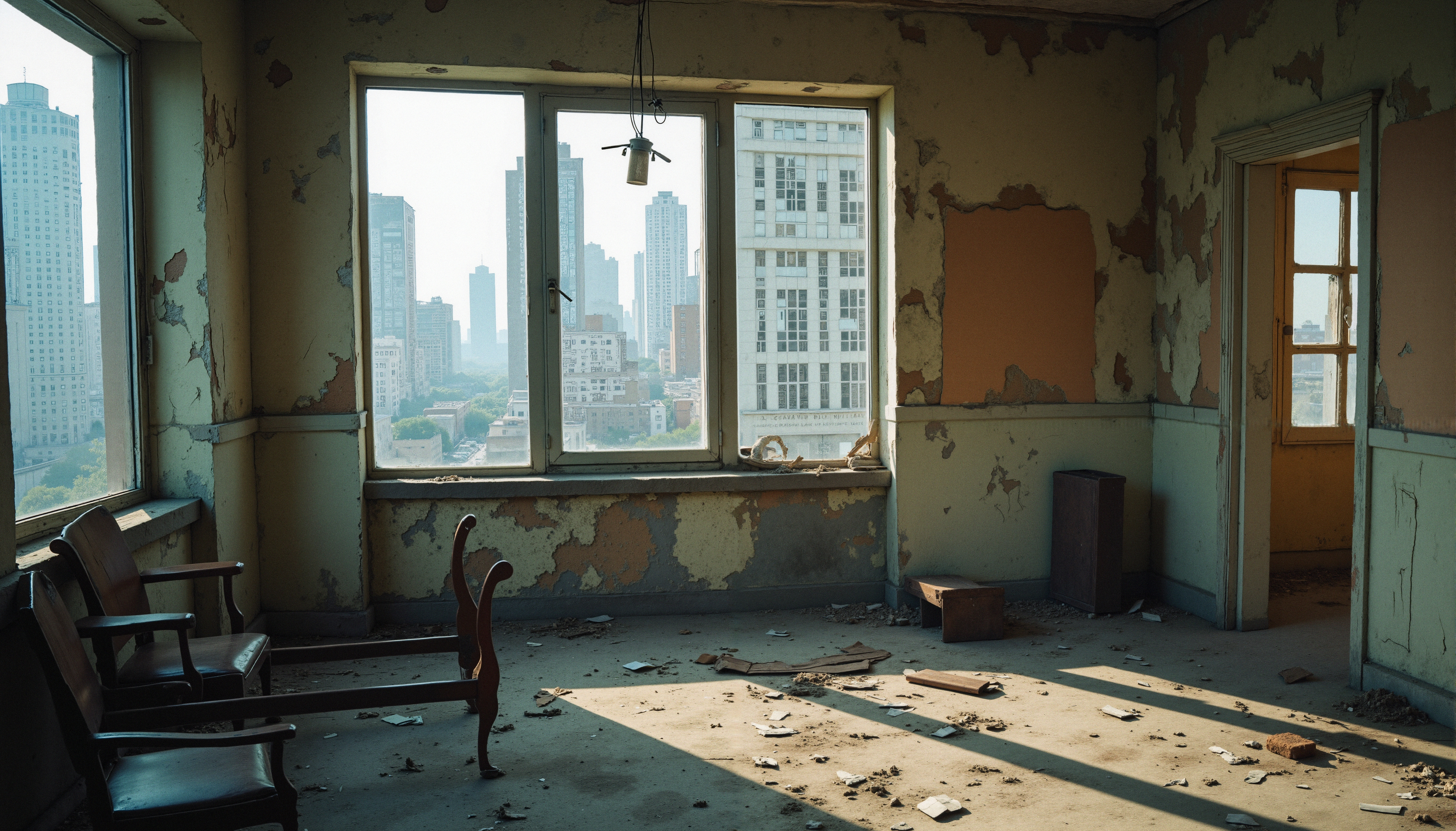Abandoned room overlooking city skyline.