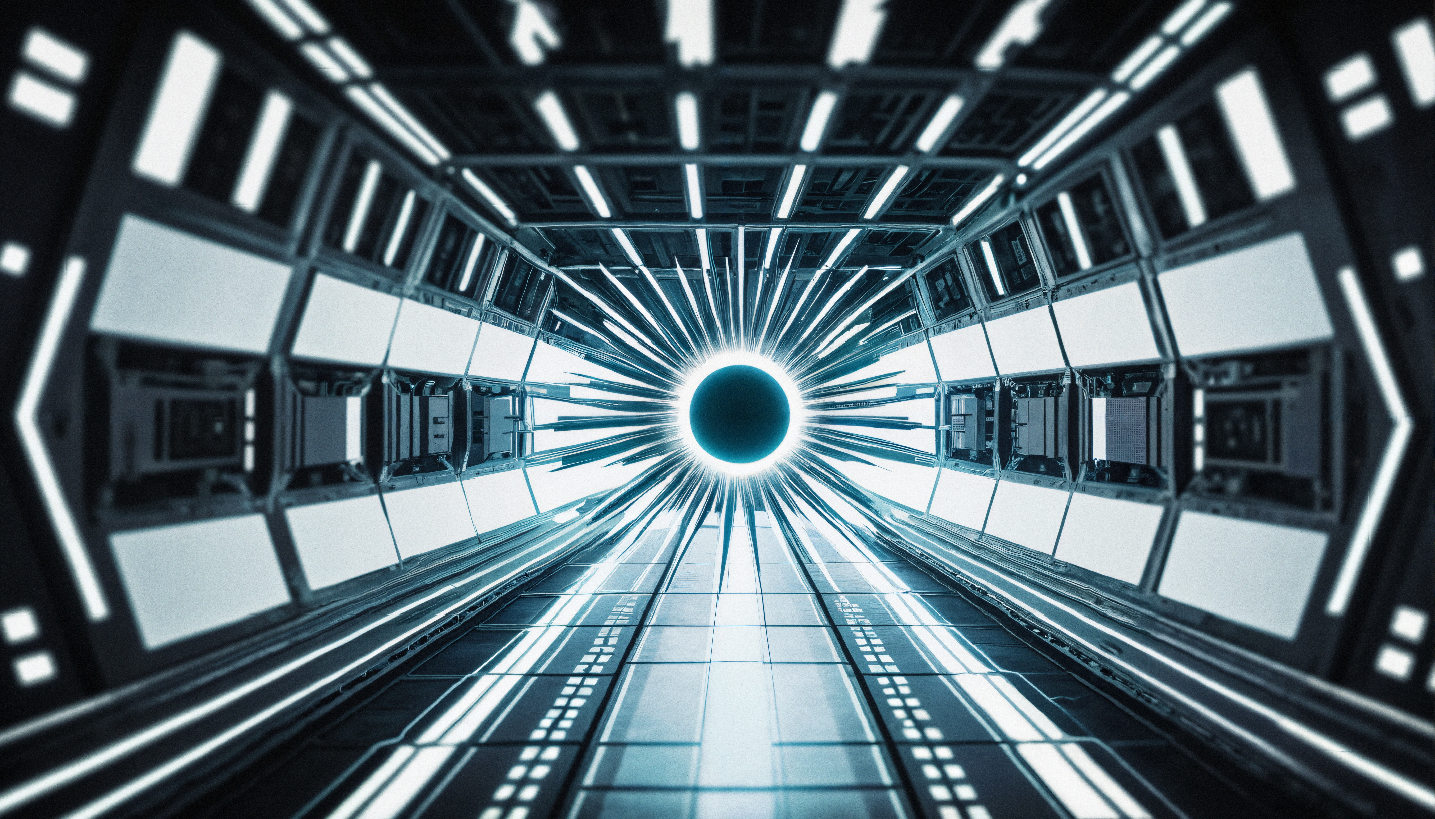 Futuristic sci-fi tunnel with glowing center and geometric design.
