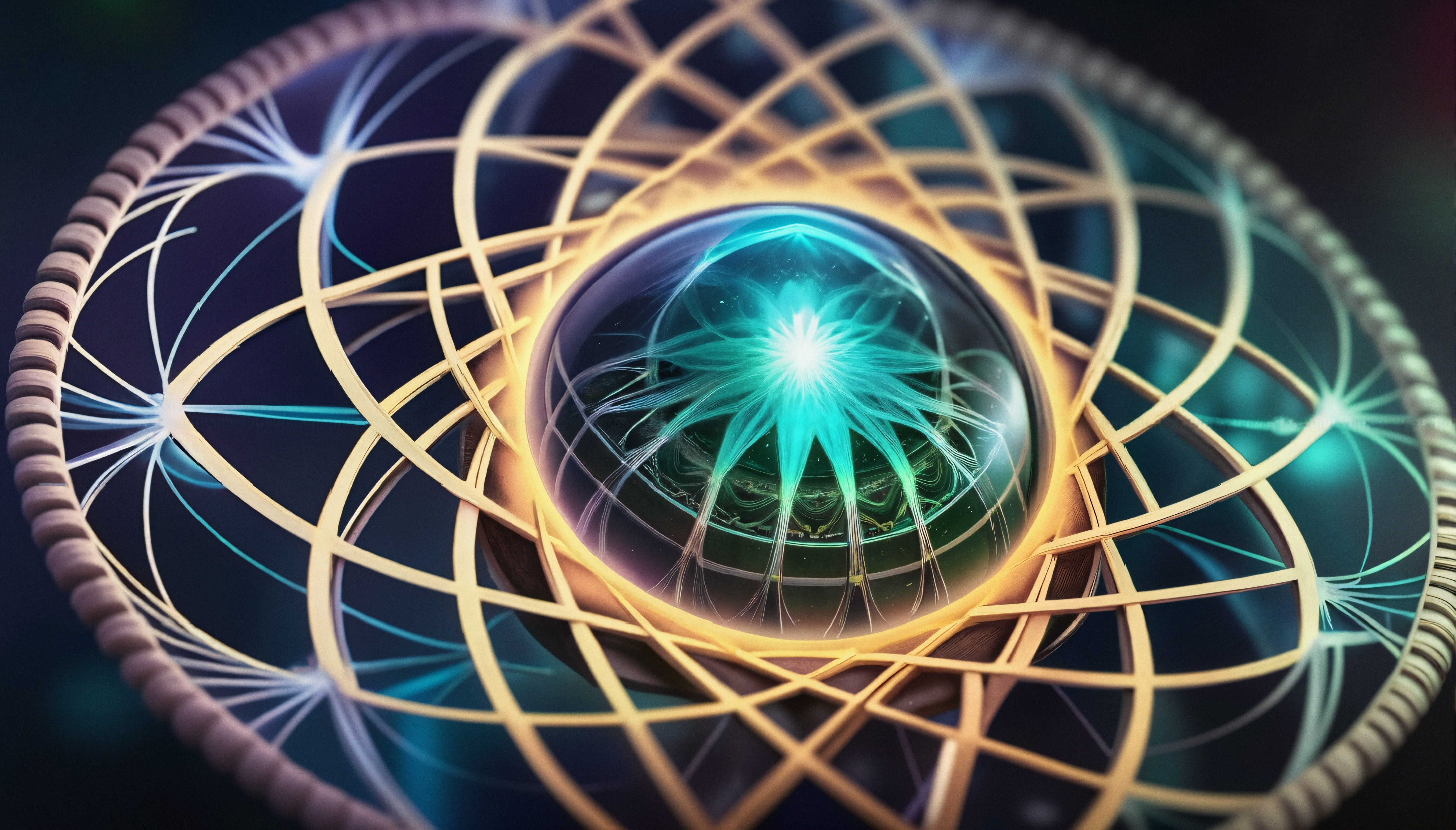 A mesmerizing abstract design featuring a luminous blue sphere surrounded by intricate golden lines in a cosmic pattern.