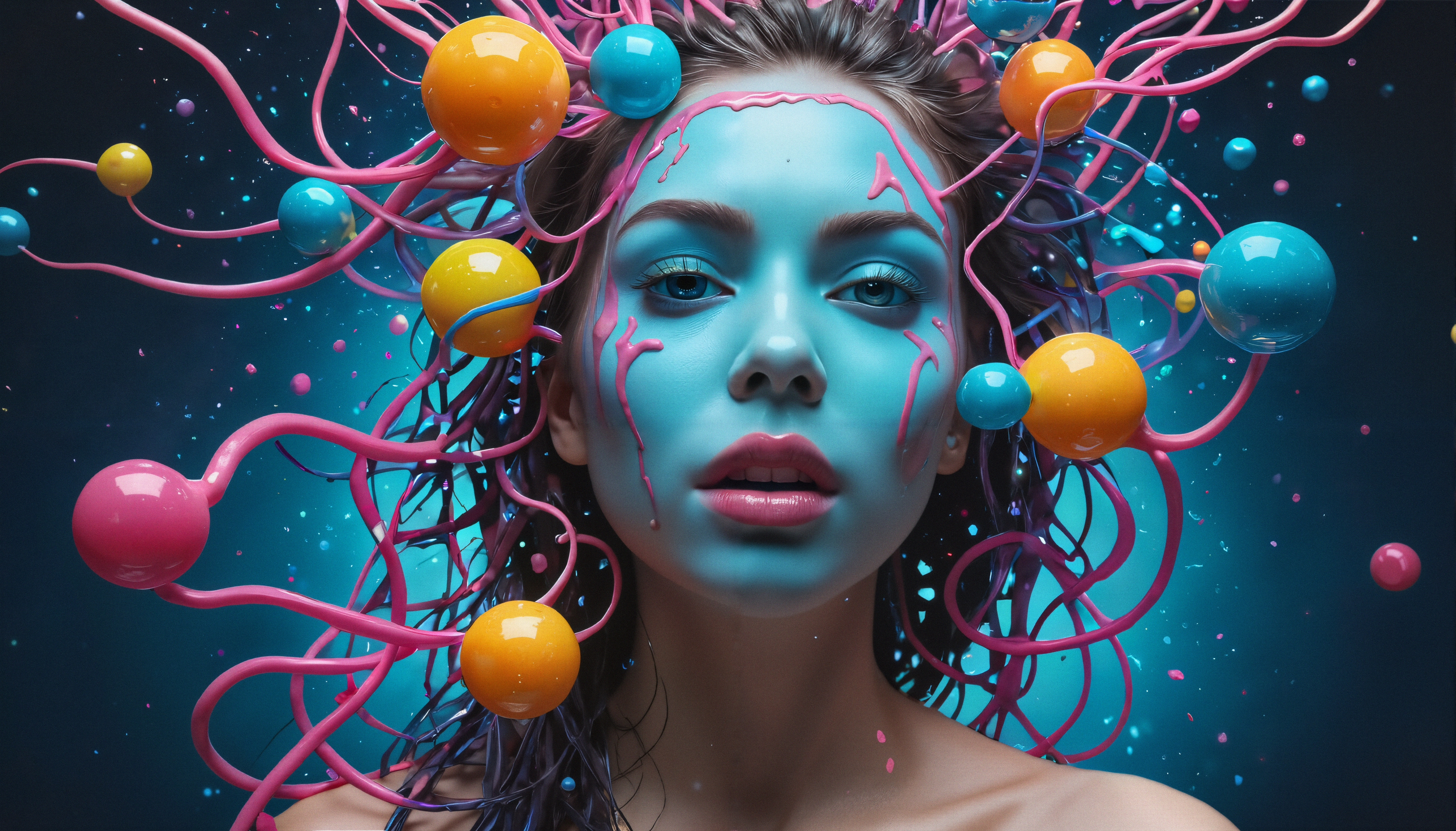 A woman with blue skin, pink tendrils, and colorful spheres creates a surreal, cosmic fantasy scene.