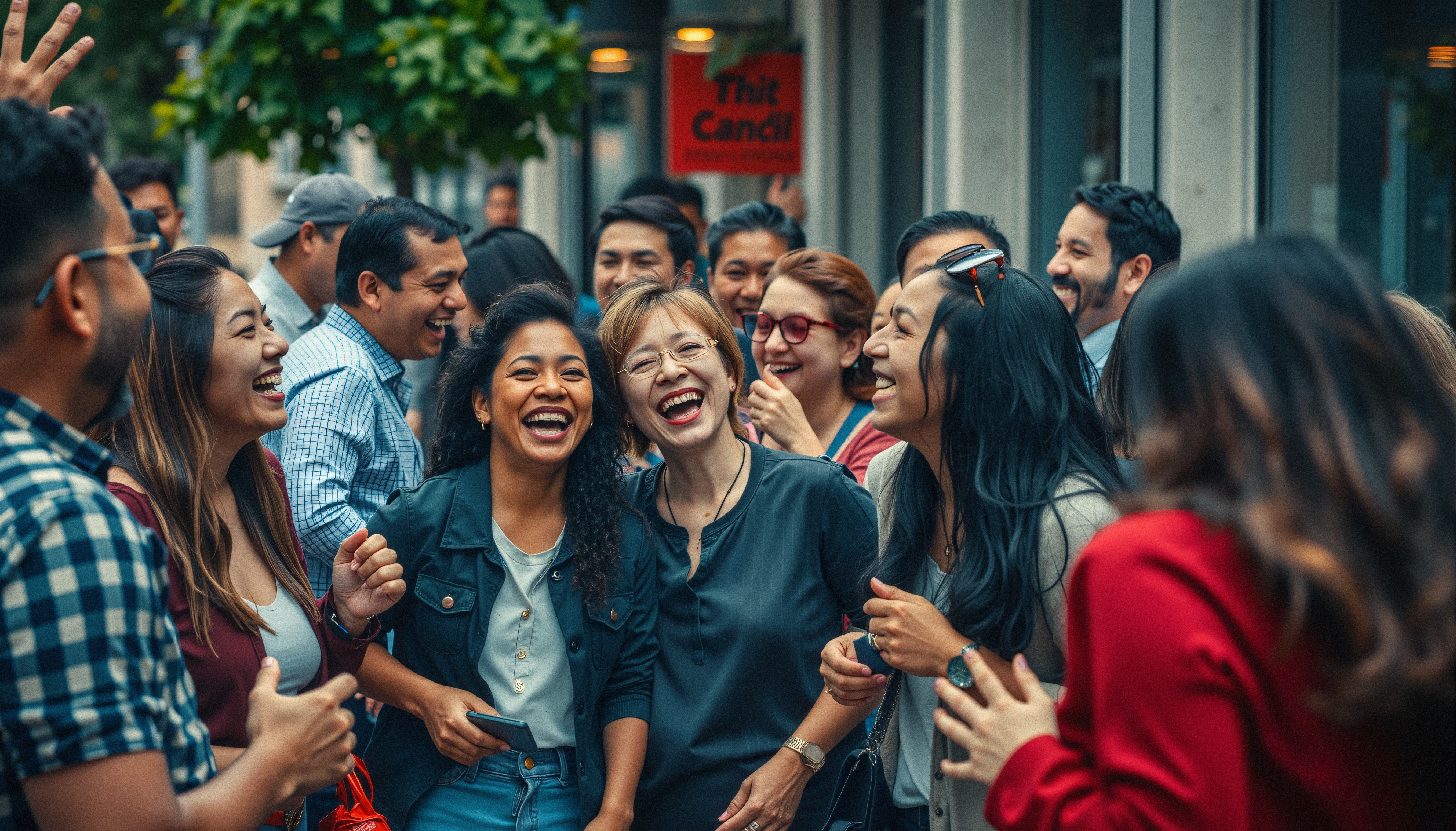 A joyful group of friends shares laughter outdoors in a vibrant, urban setting.