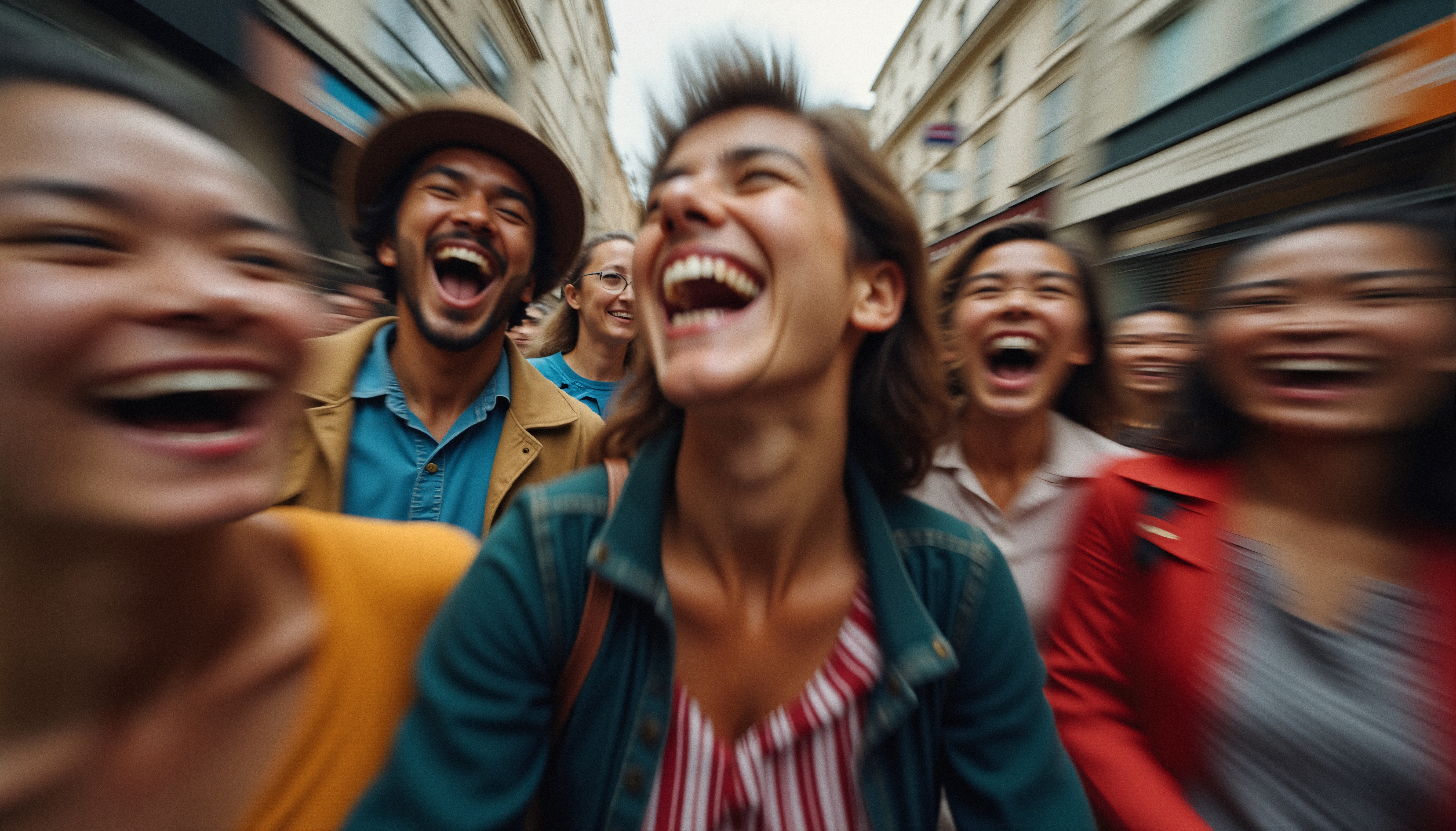 A diverse group of friends laughing joyfully together on a bustling city street.