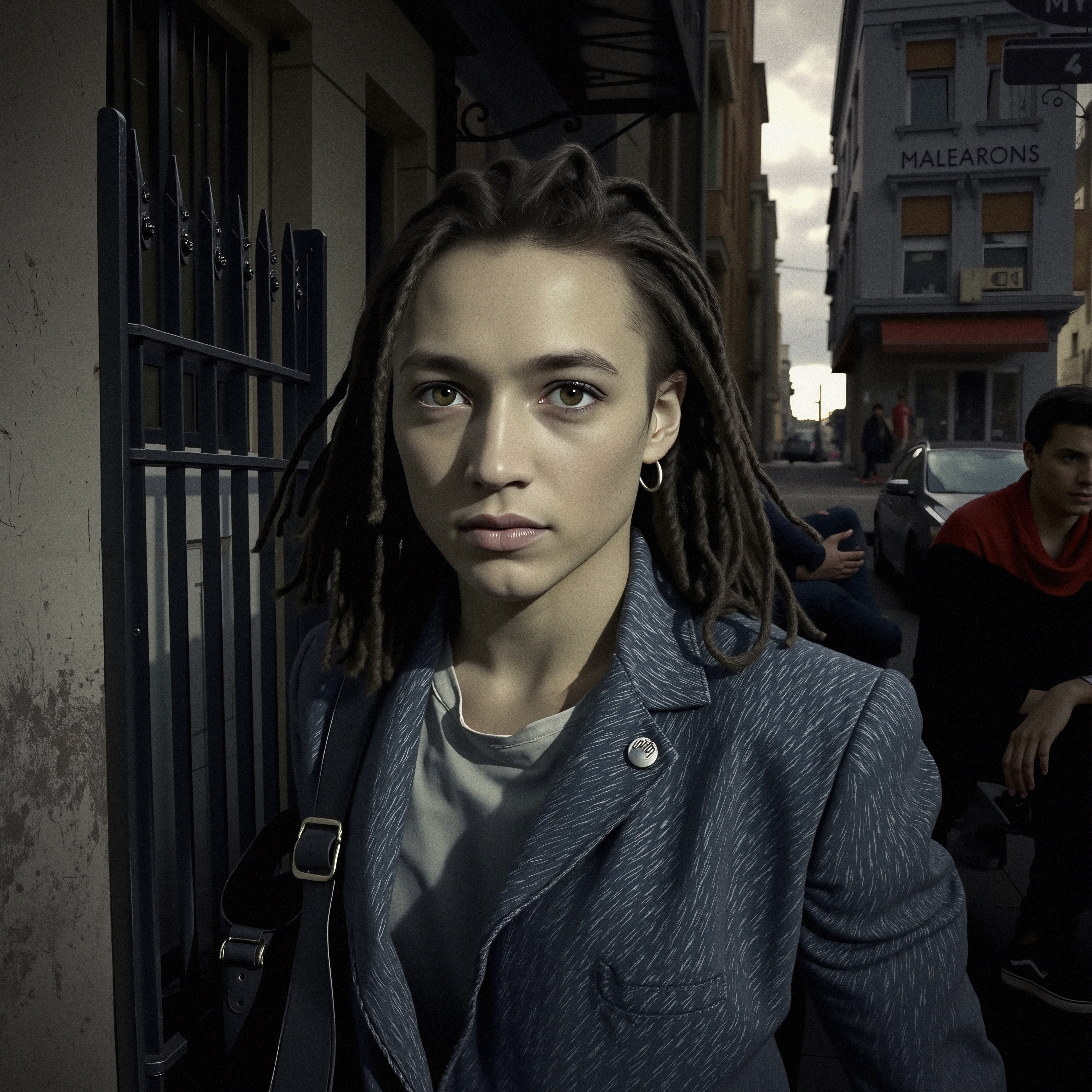 A person with dreadlocks in a blue blazer walks confidently down a bustling urban street.