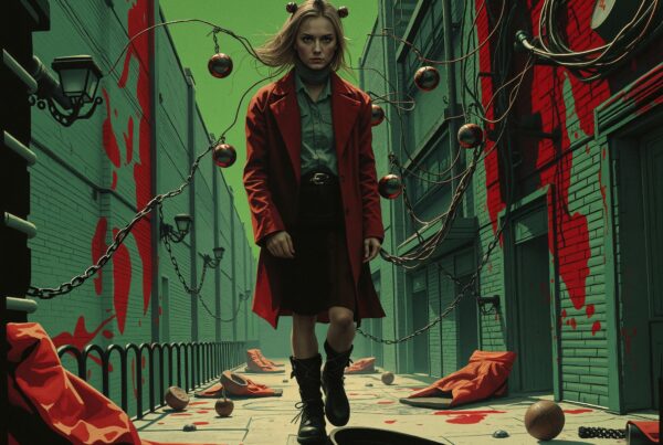 A woman in a red coat walking through a surreal, vibrant green alley with floating orbs.
