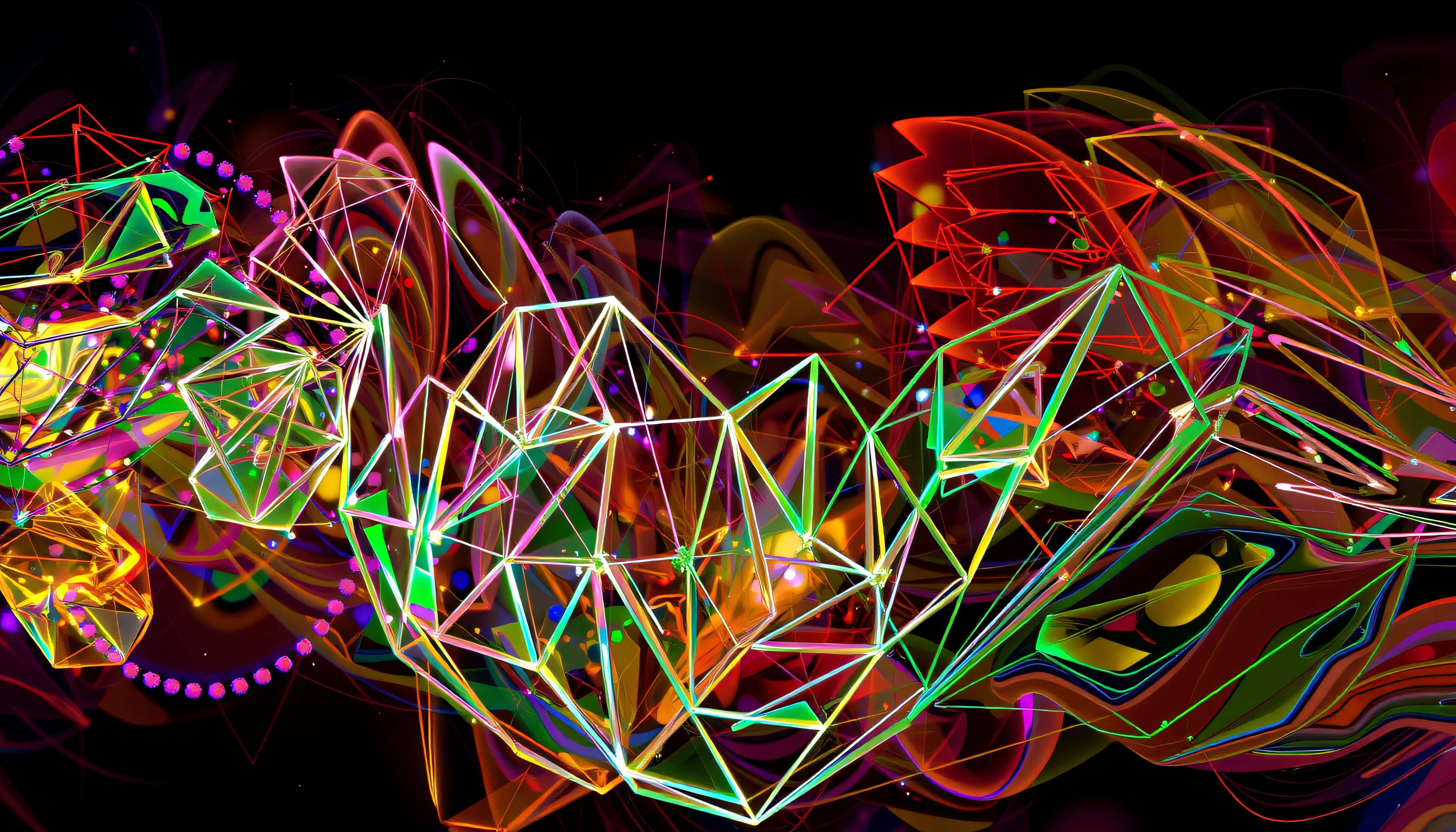Bright neon geometric shapes create a vibrant and energetic digital abstract artwork on a dark background.