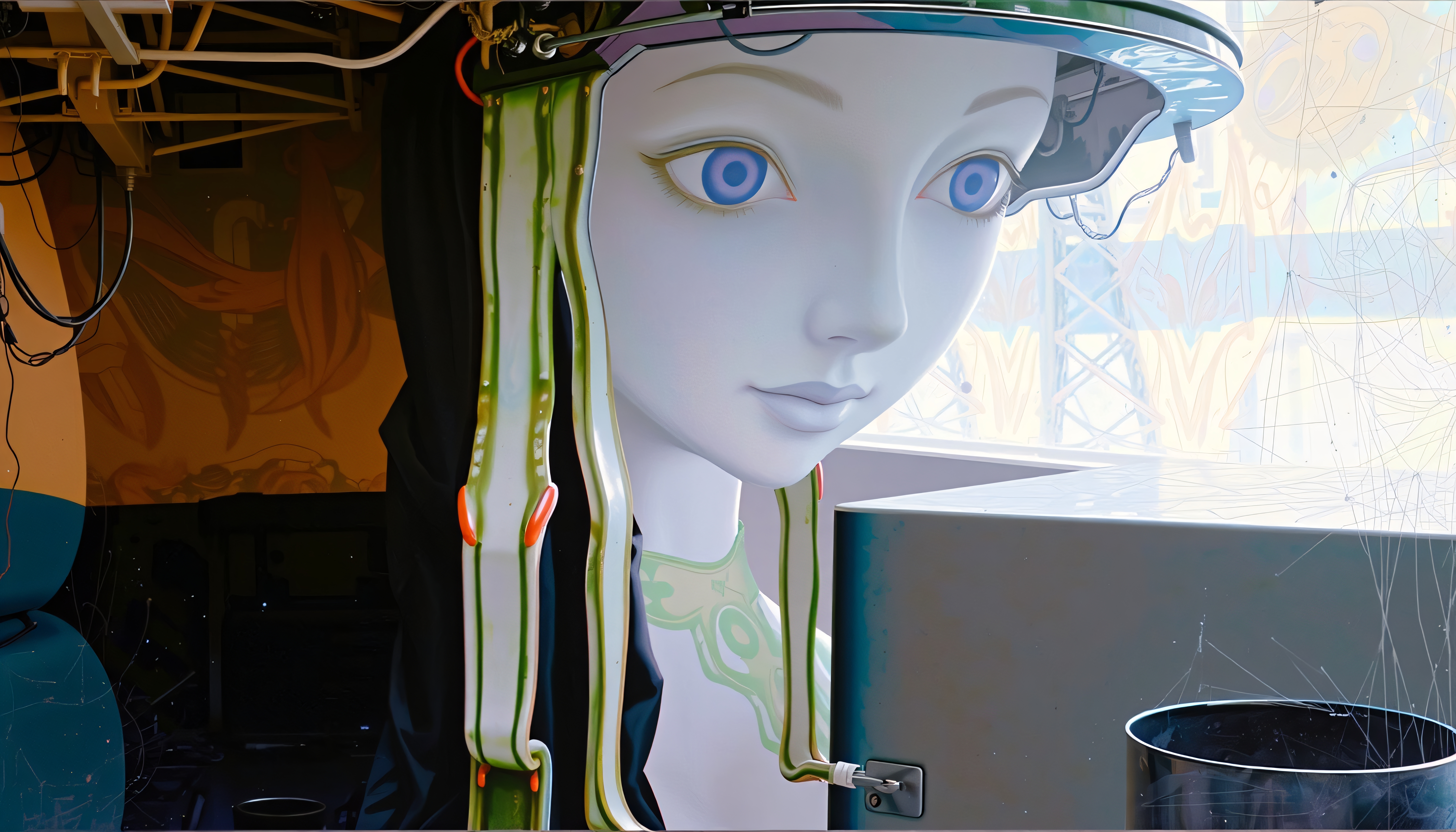 Futuristic art sculpture with glowing anime face, surreal design.
