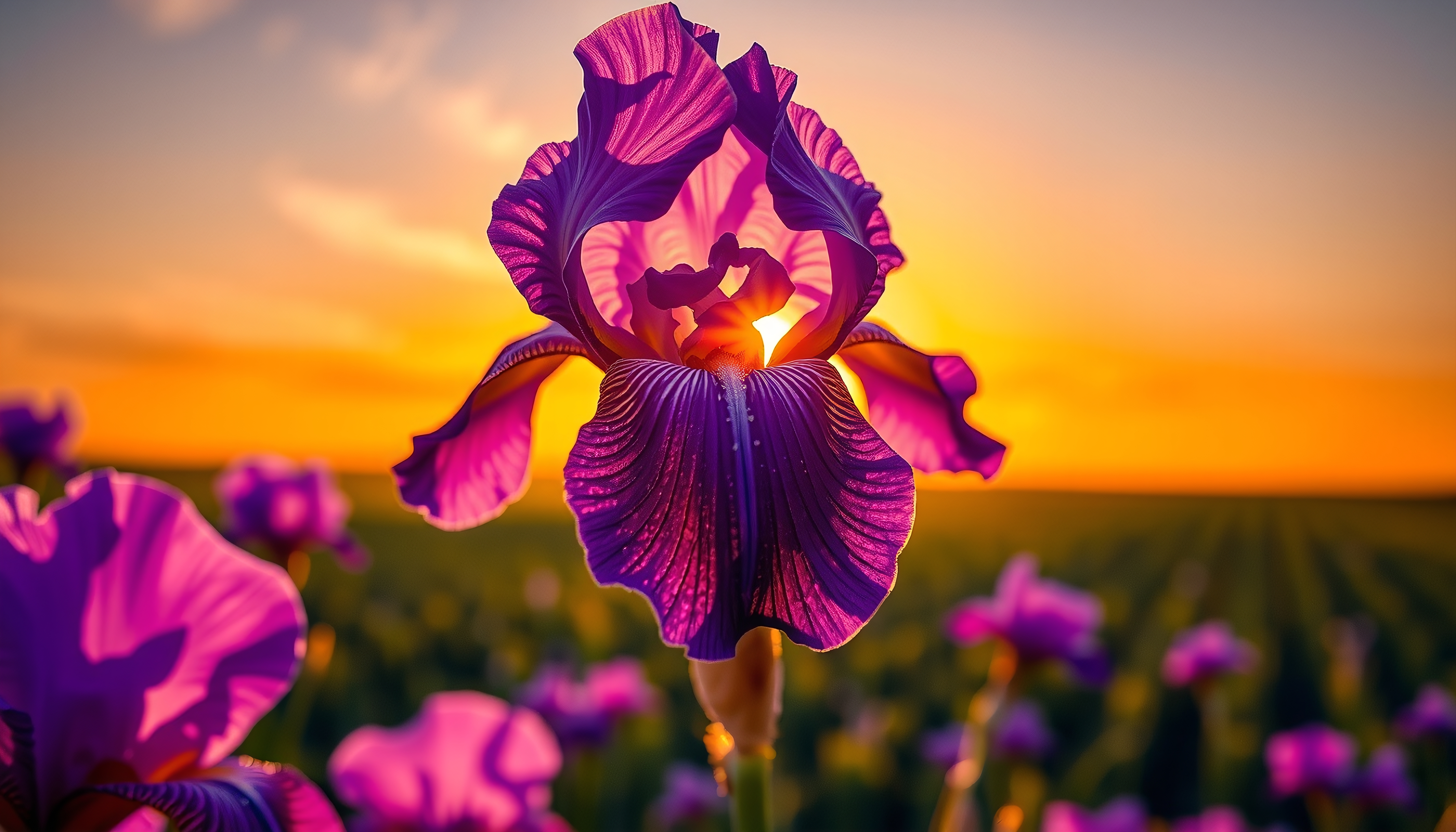 A stunning purple iris flower against a glowing sunset backdrop.