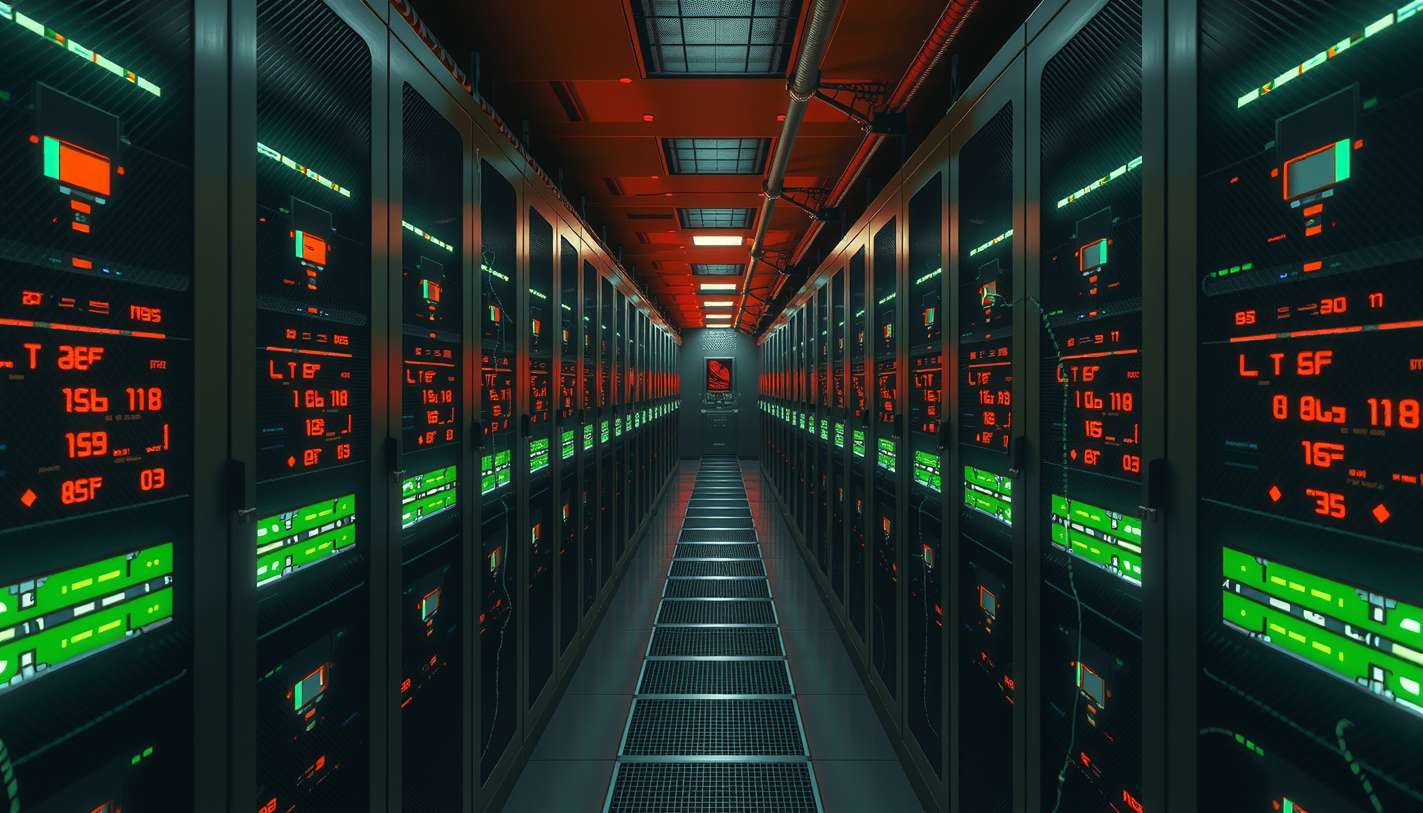 Modern data center corridor with illuminated servers.