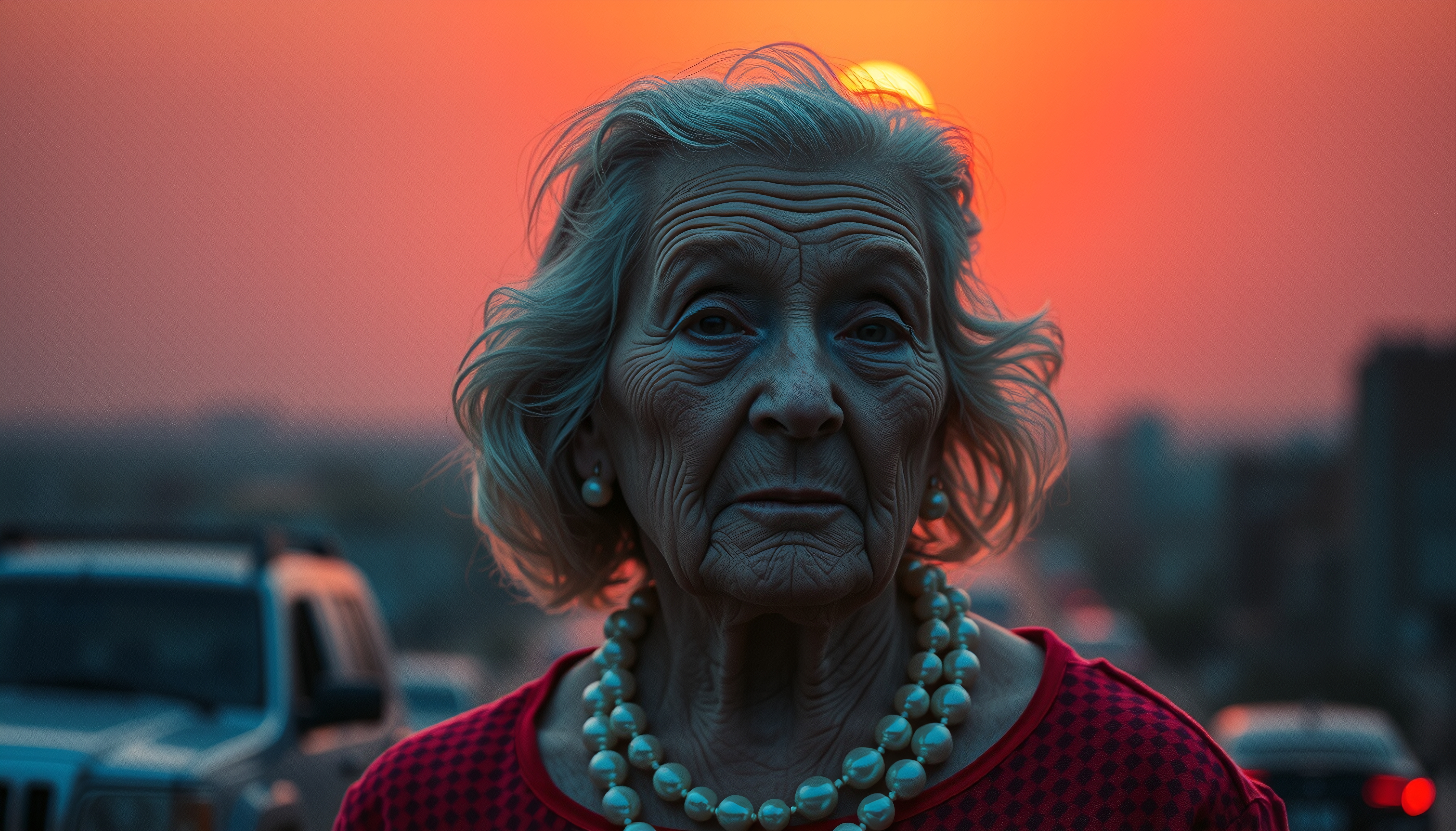 Elderly woman at sunset with cityscape background.