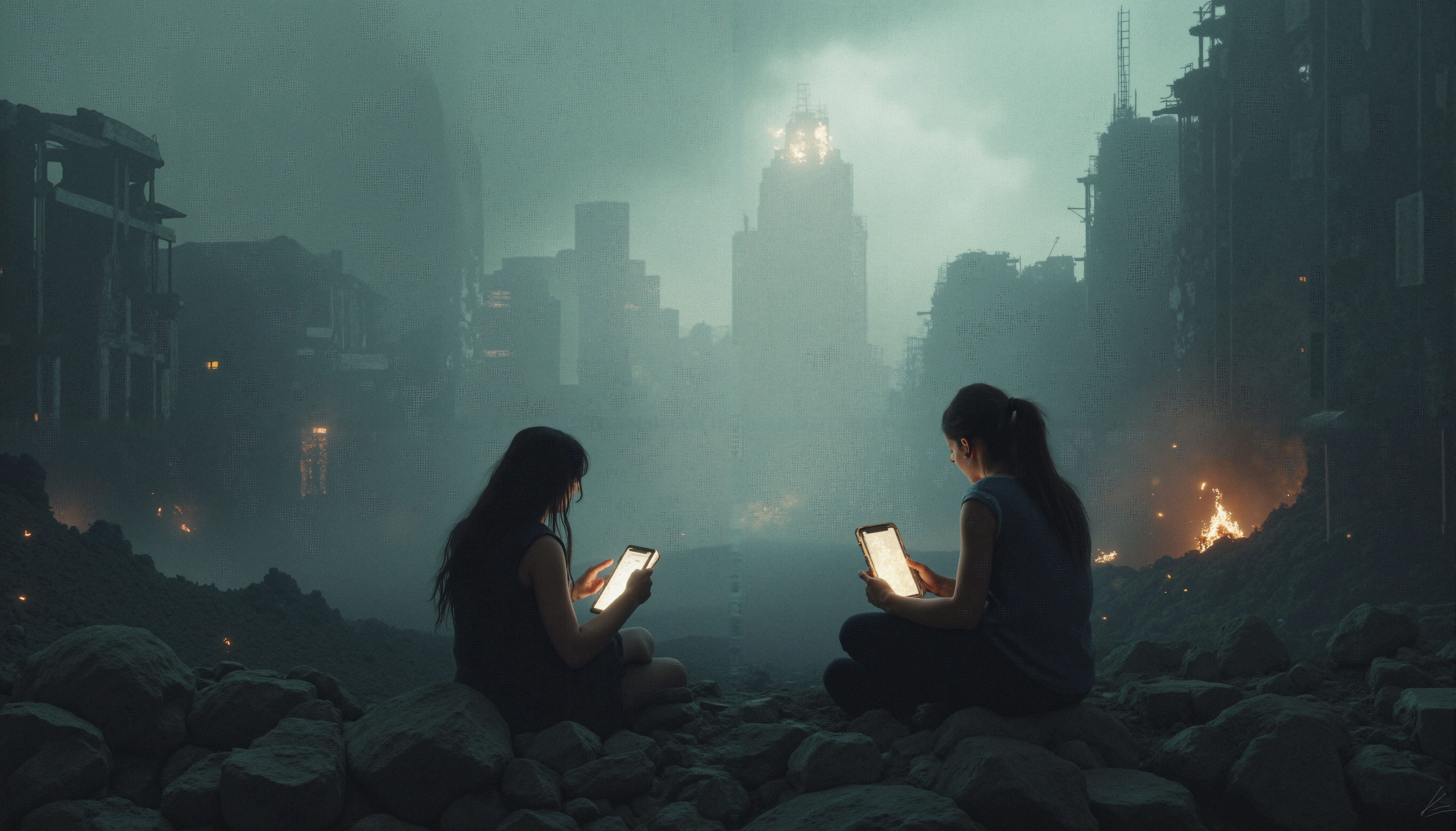 Women in ruined city landscape