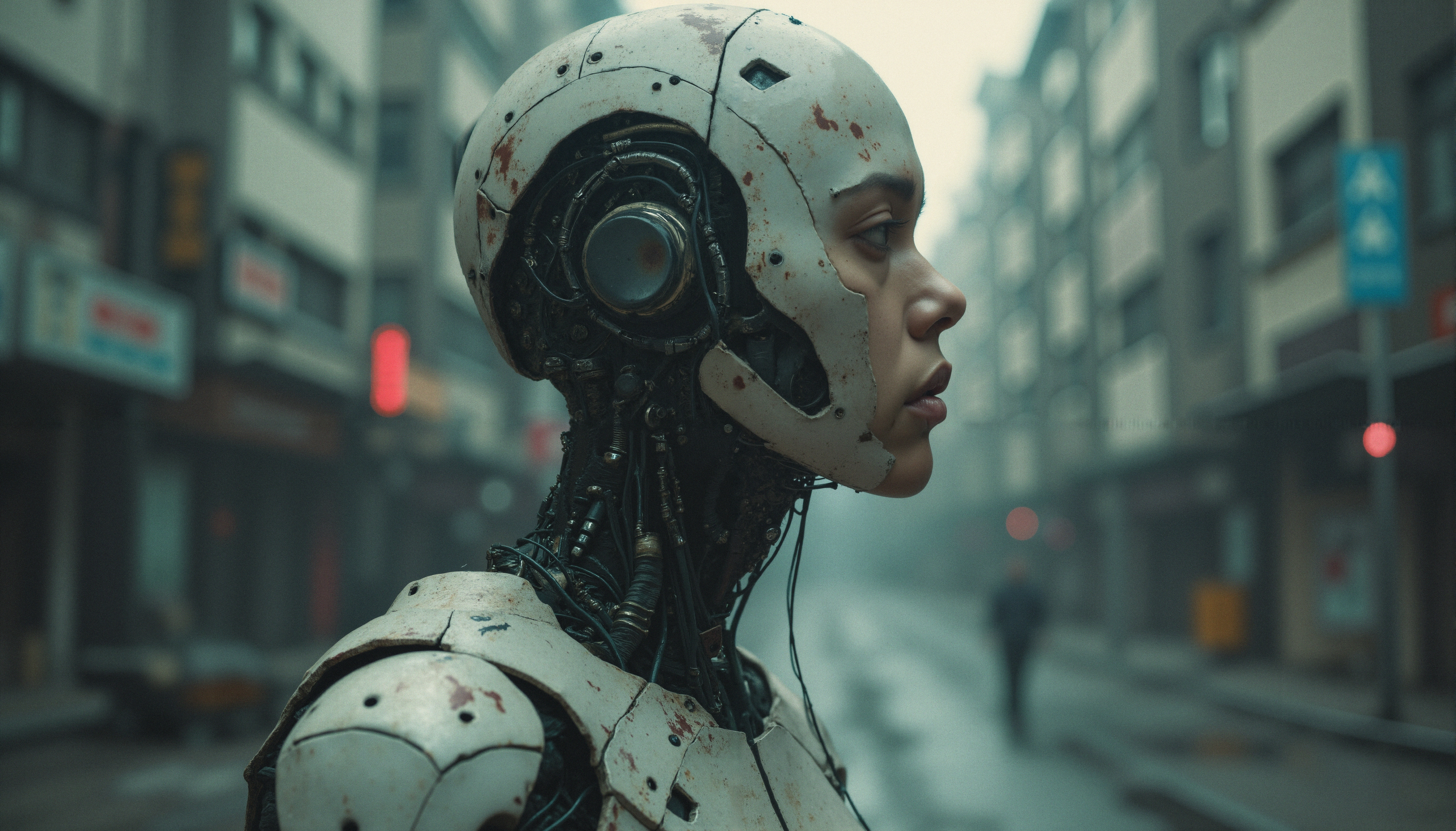 Humanoid robot in industrial cityscape, suggesting a futuristic coexistence of technology and humanity.