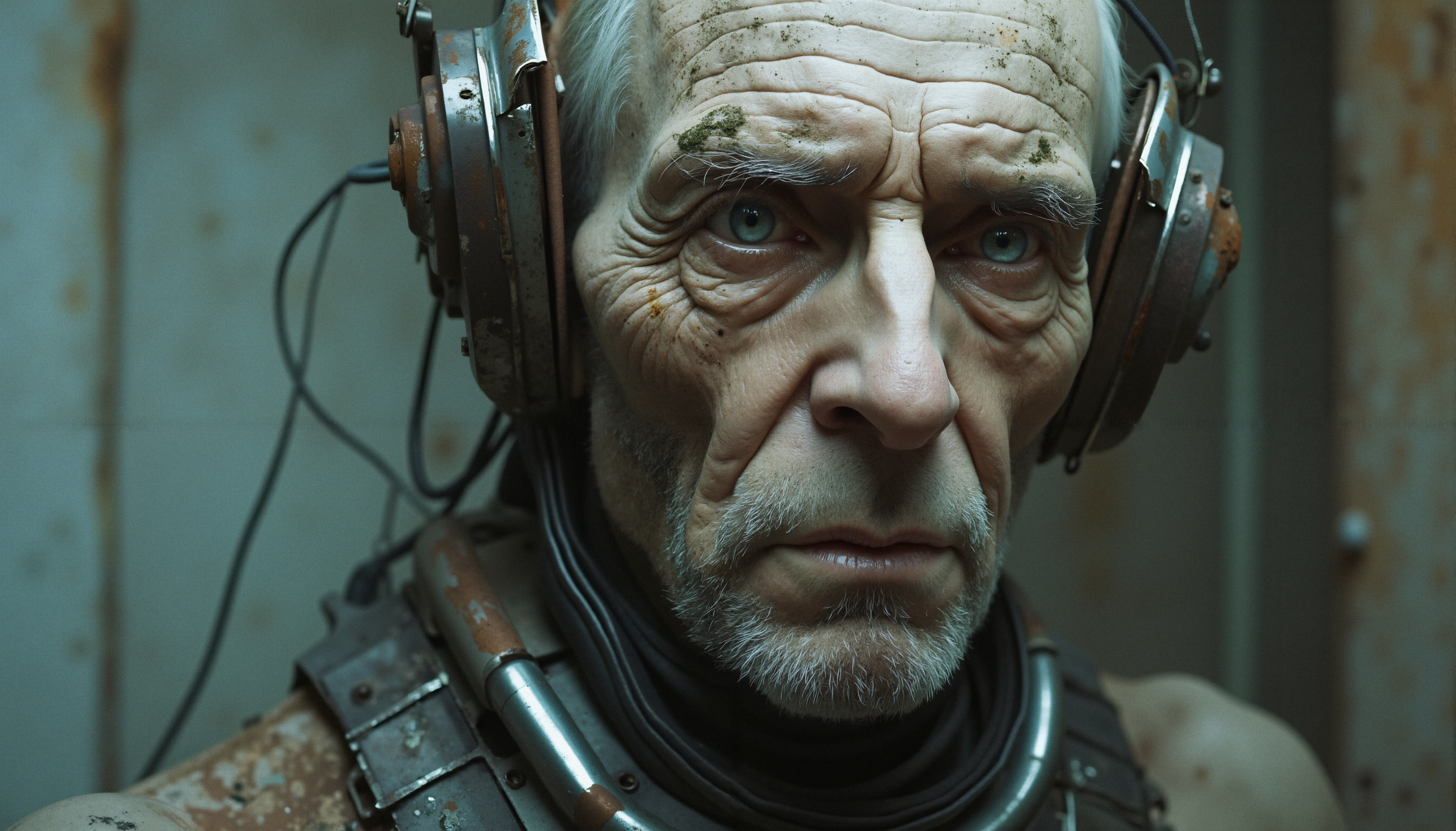 Portrait of an elderly man wearing large vintage-style headphones, conveying a futuristic and introspective mood.