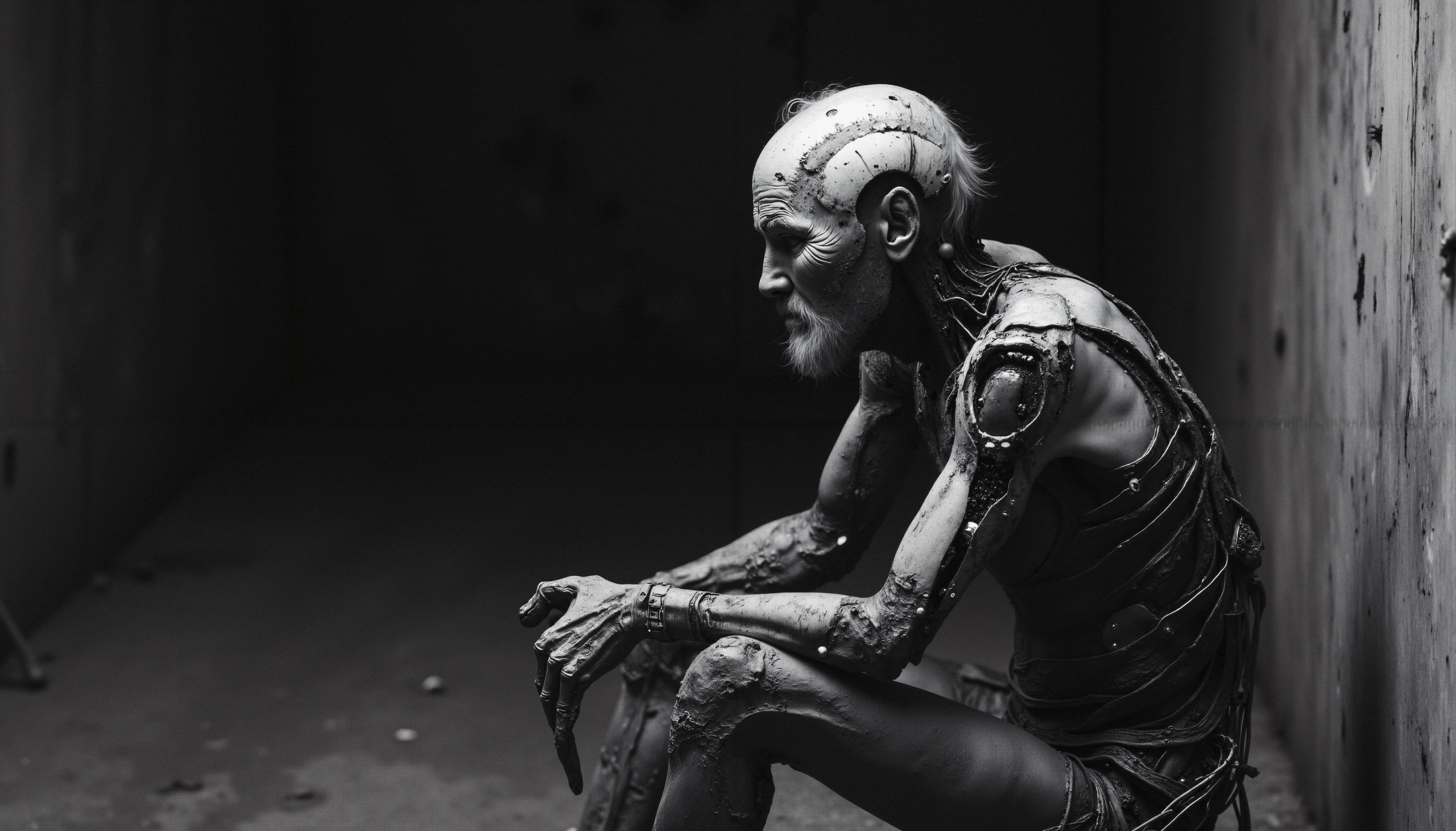 Contemplative Cyborg in Dim Room