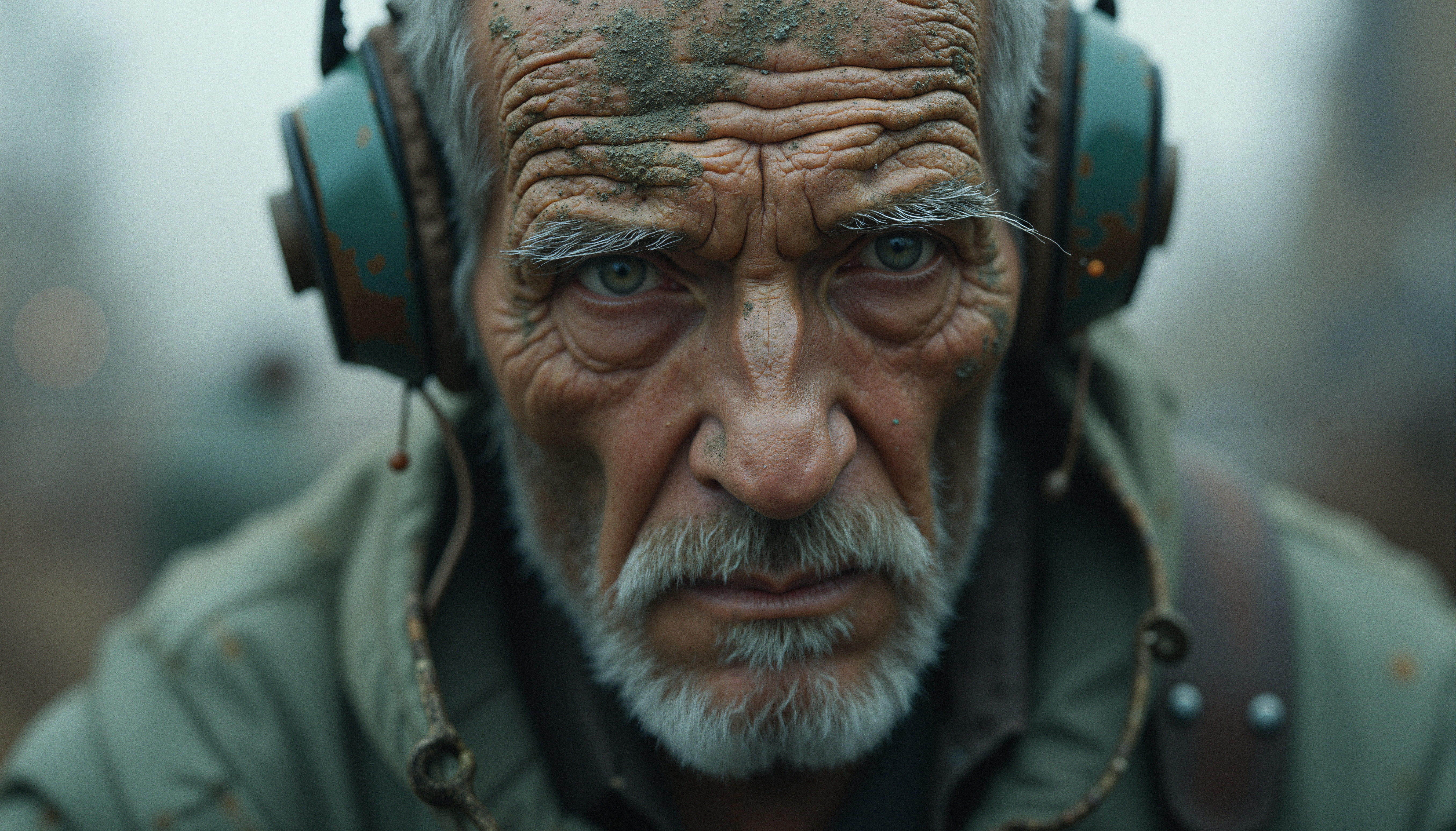 Elderly man with headphones and intense gaze.
