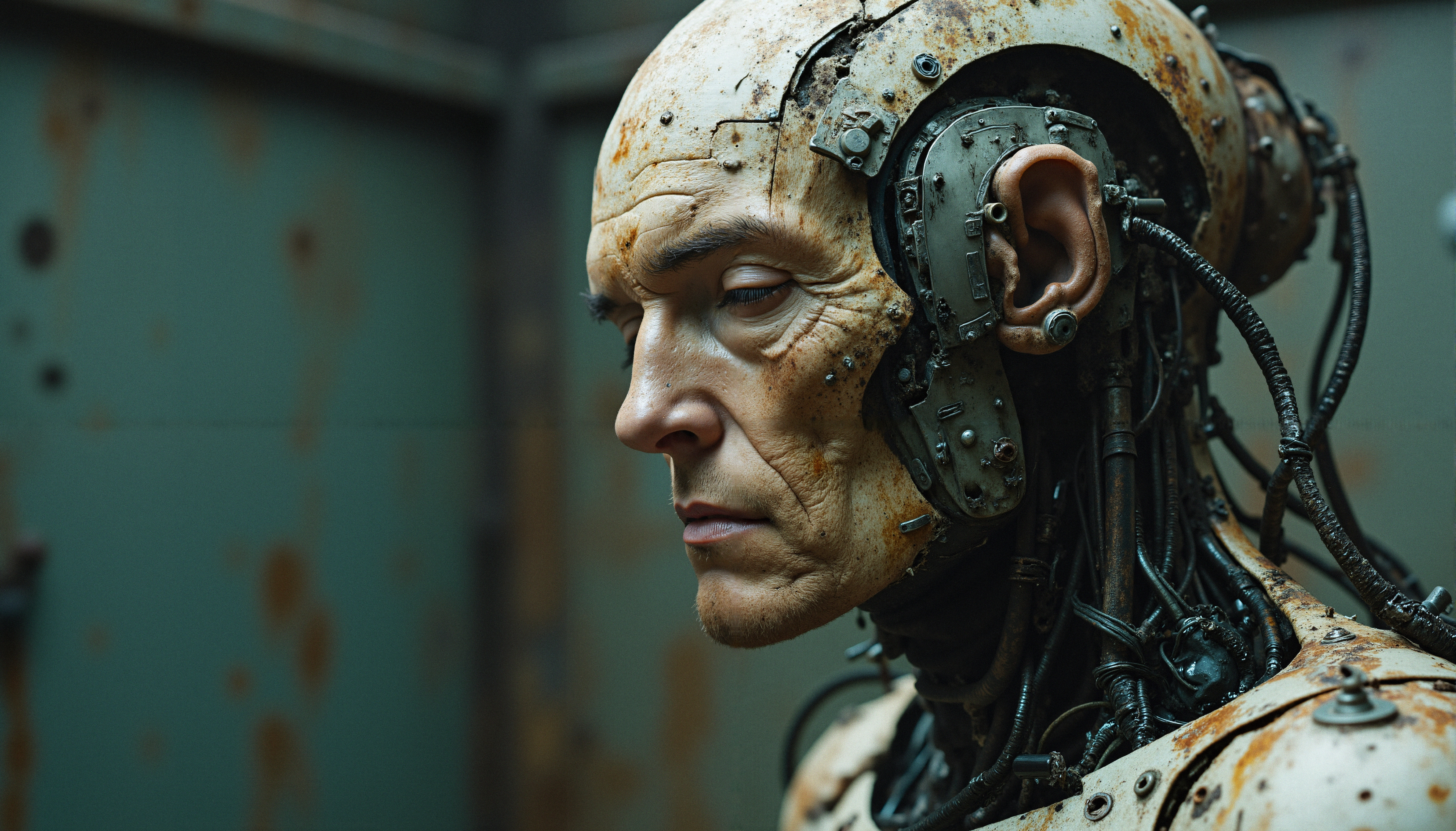 Close-up of a human-like cyborg with exposed mechanical components and a contemplative expression.