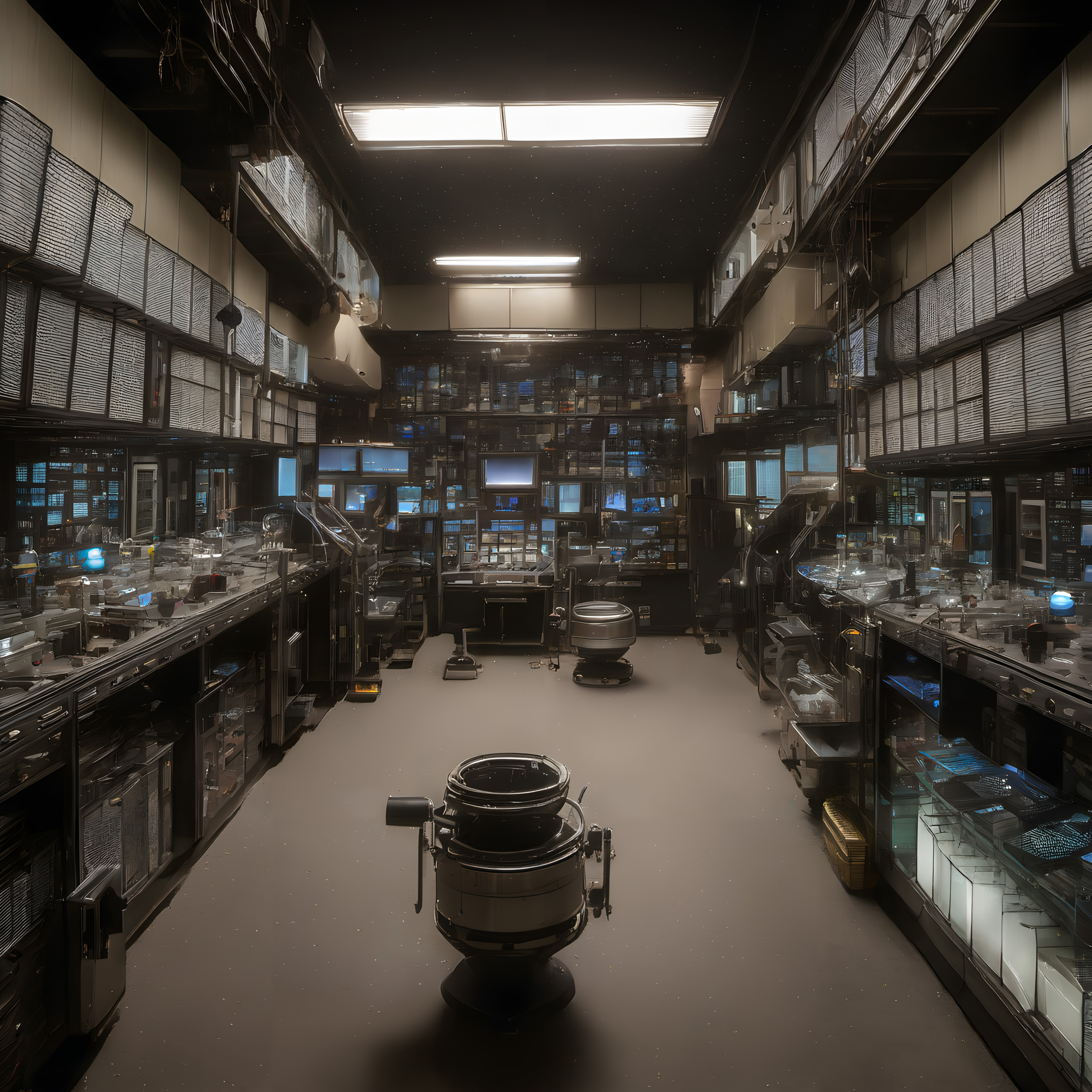 A laboratory with many computers and a machine
