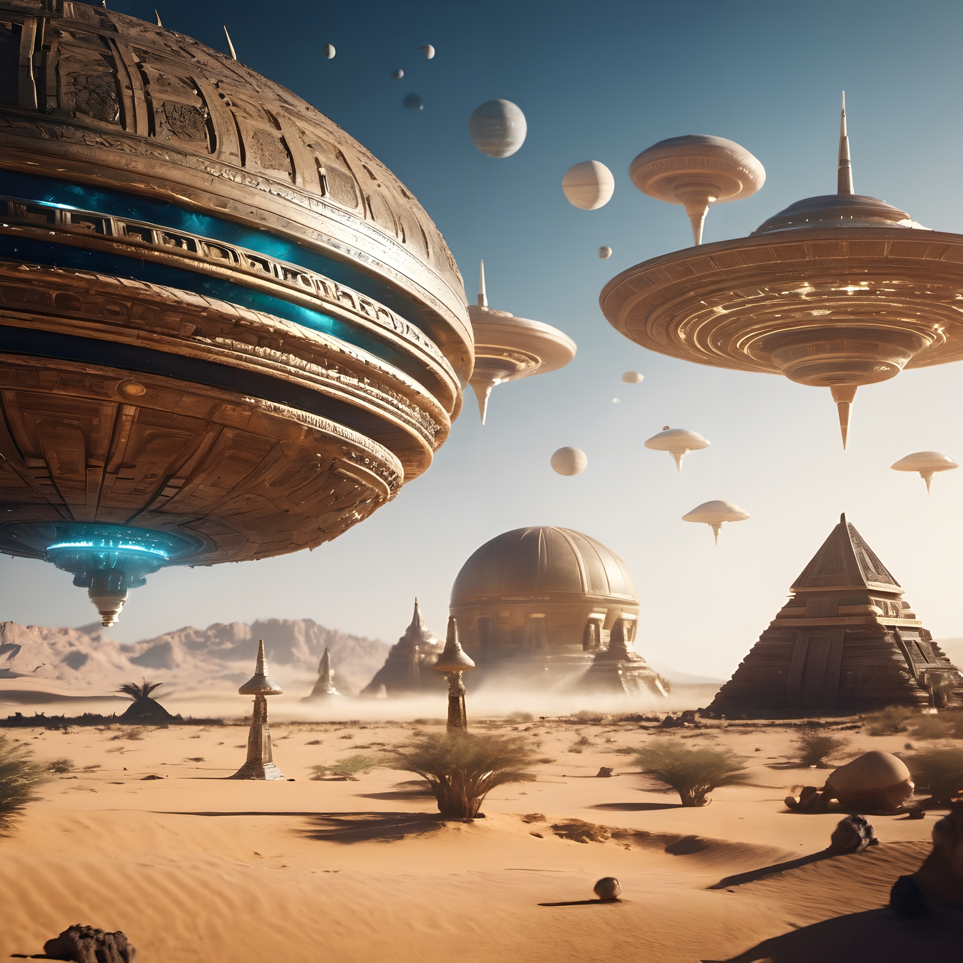 An alien landscape with futuristic, hovering structures set against a desert backdrop, evoking a sense of sci-fi wonder and advanced civilization.