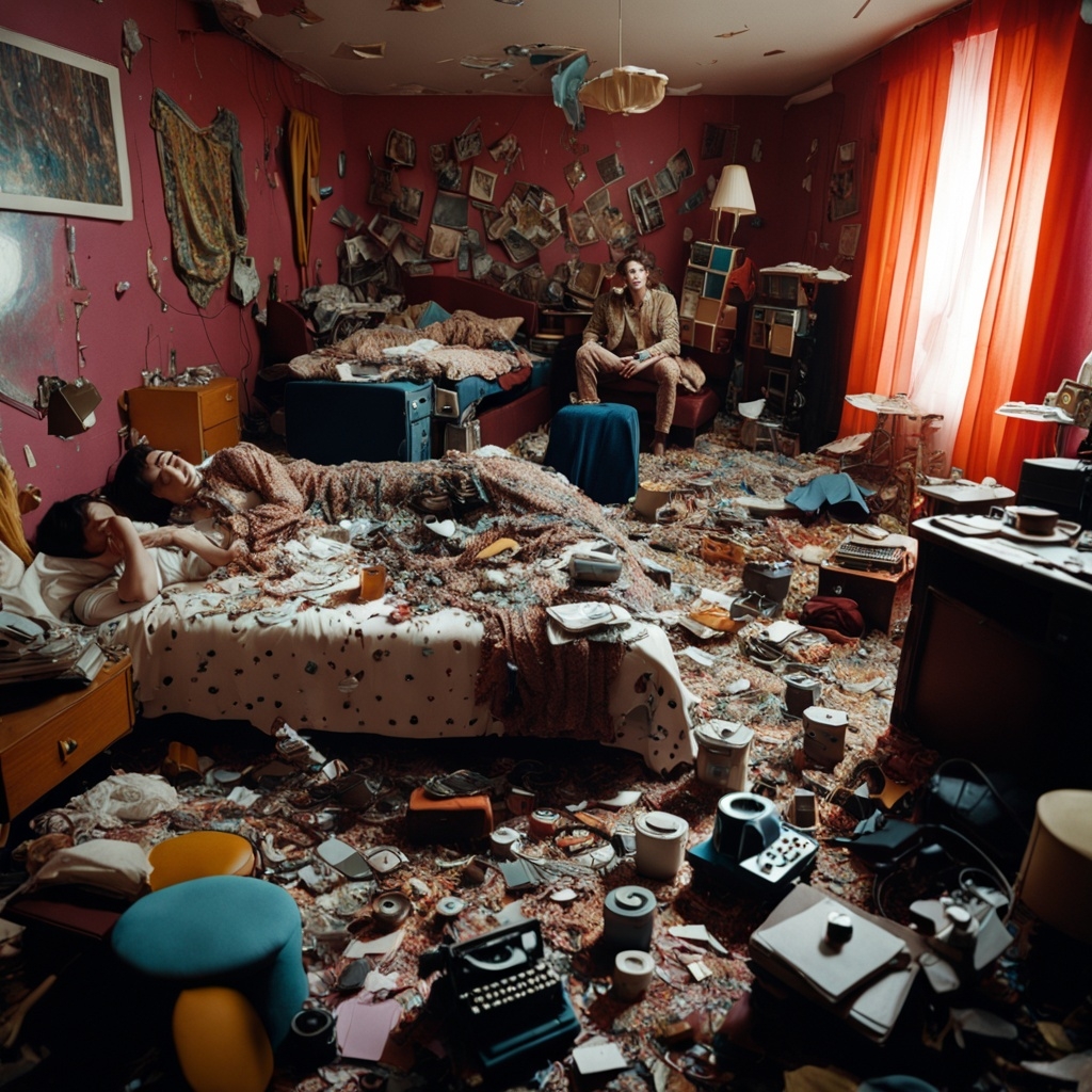 A messy bedroom filled with clutter, with people lounging on the bed.