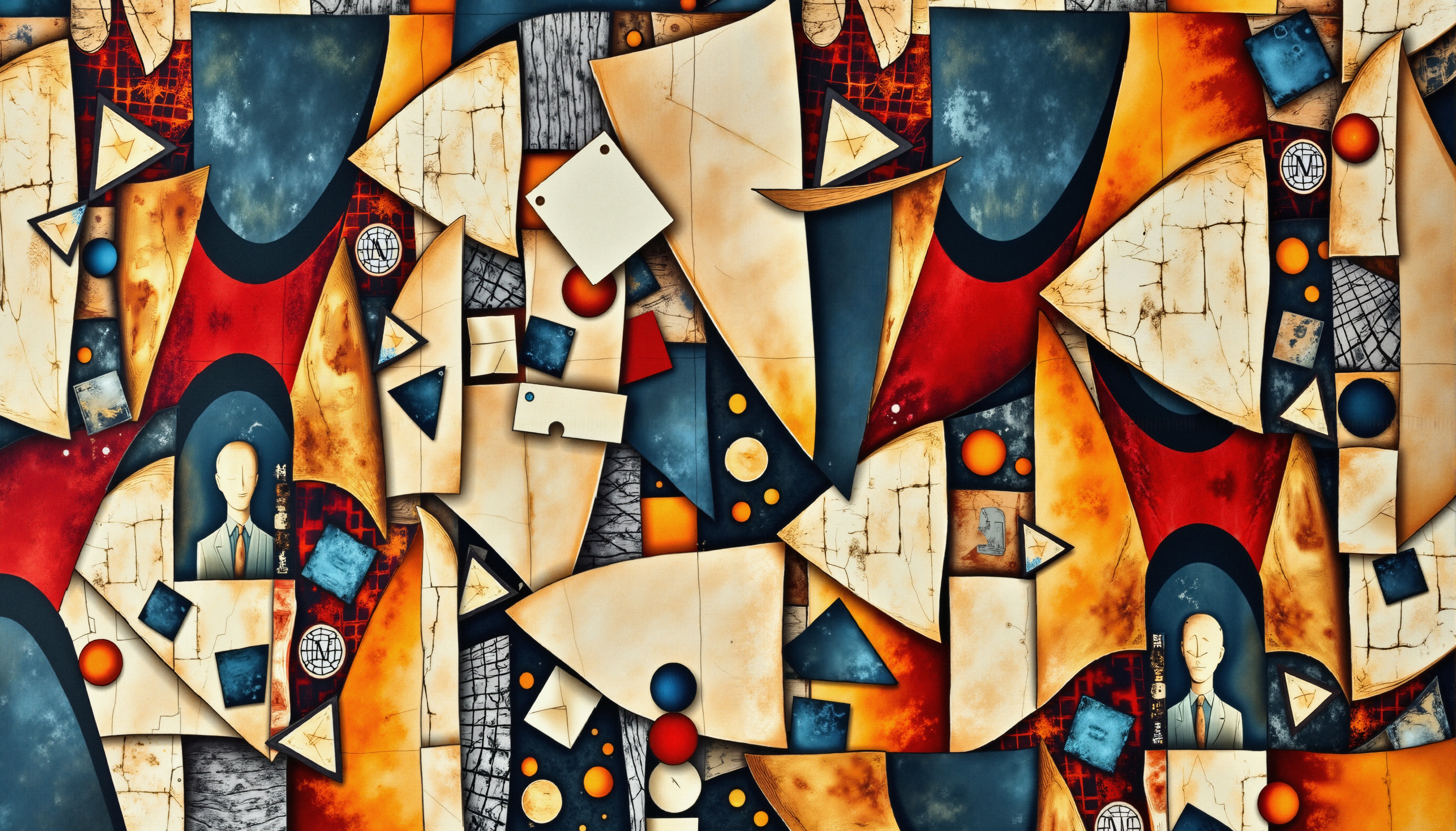 A vibrant abstract image featuring colorful geometric shapes, textures, and stylized human figures.