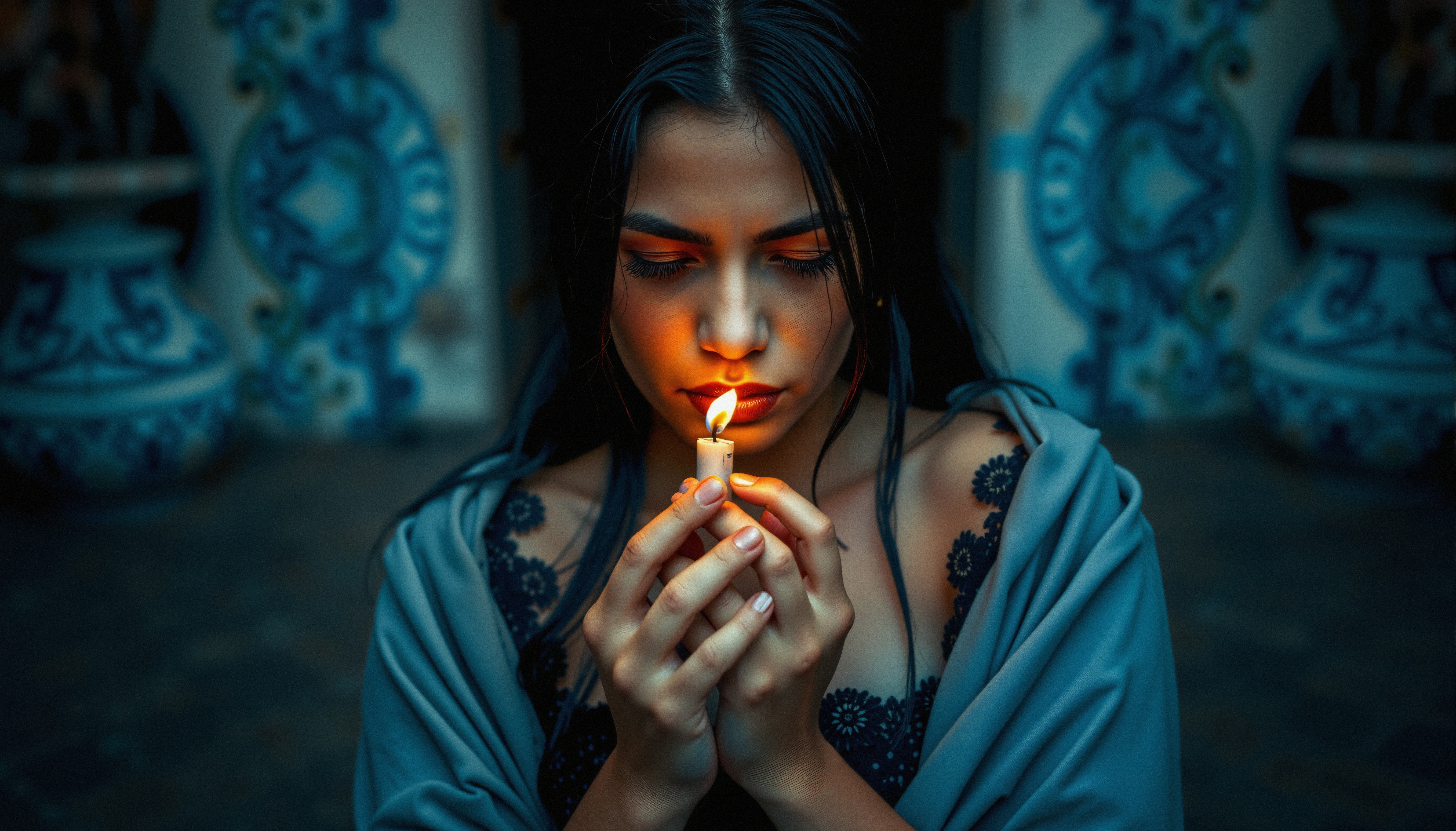 A woman meditatively holds a candle, softly illuminated in an elegant setting.