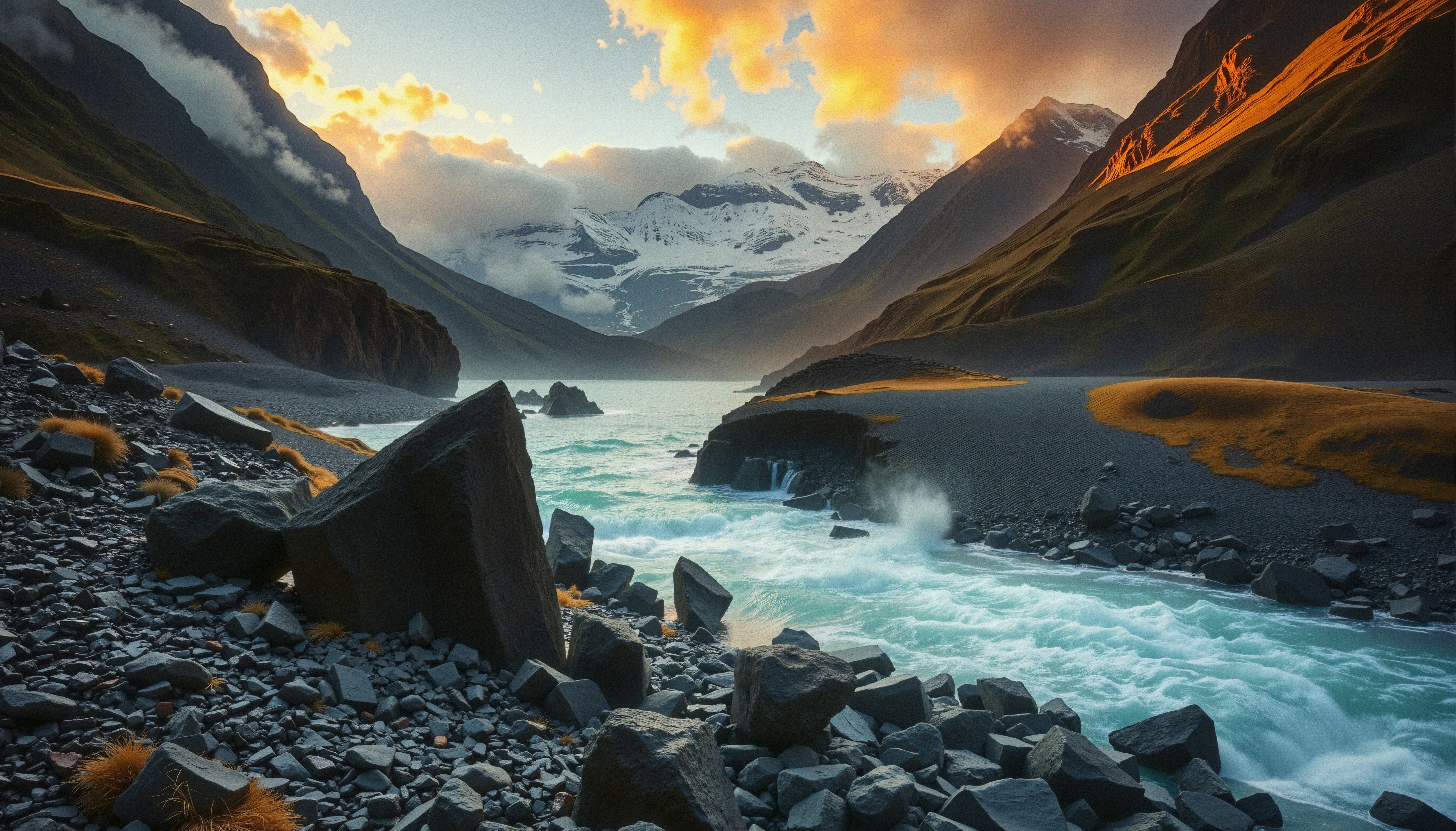 Mountain landscape with river, sunset-lit peaks, and waterfall creating a breathtaking natural scene.