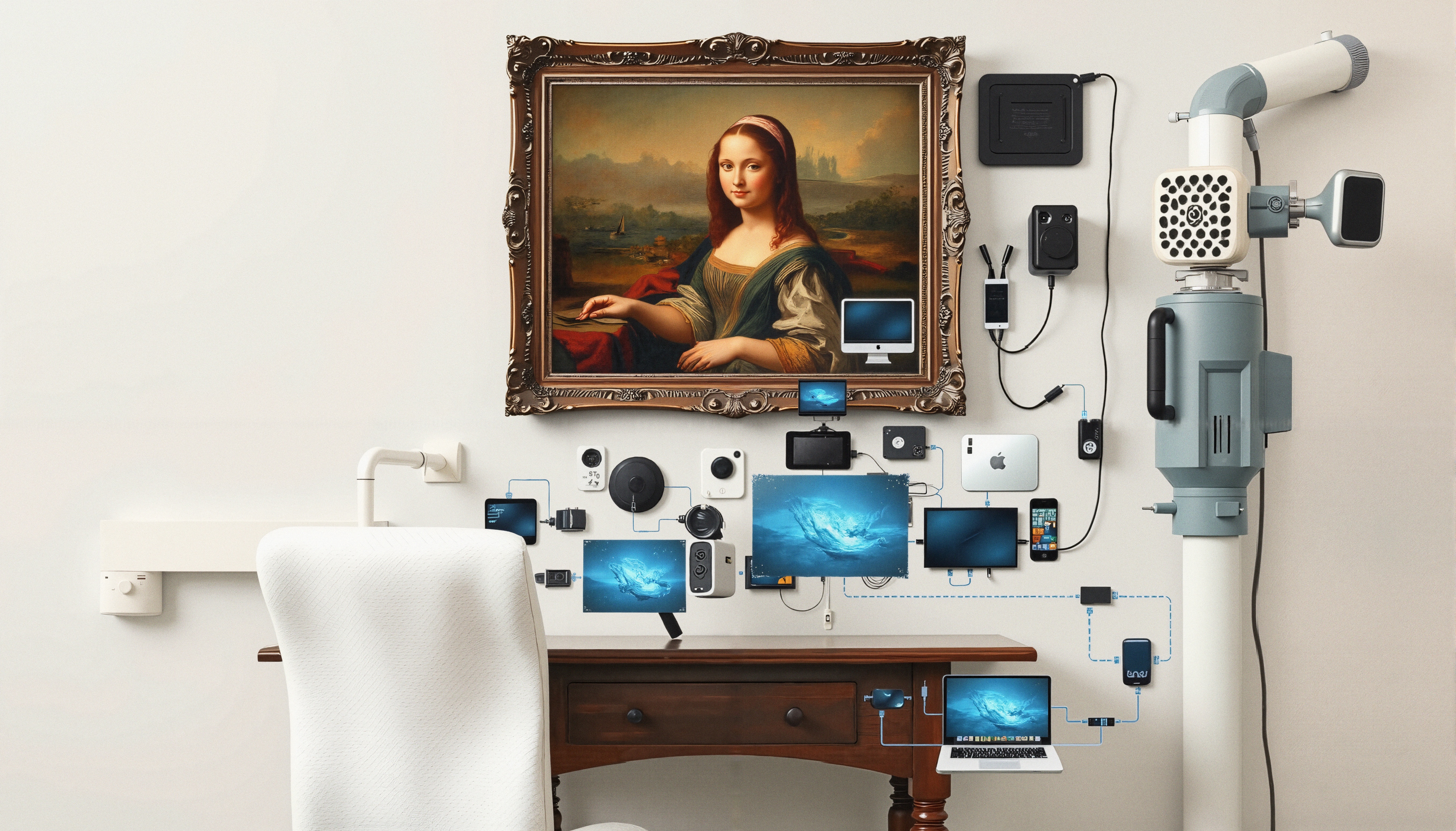 A classic workspace merges with modern technology featuring a framed painting, gadgets, and interconnected devices.