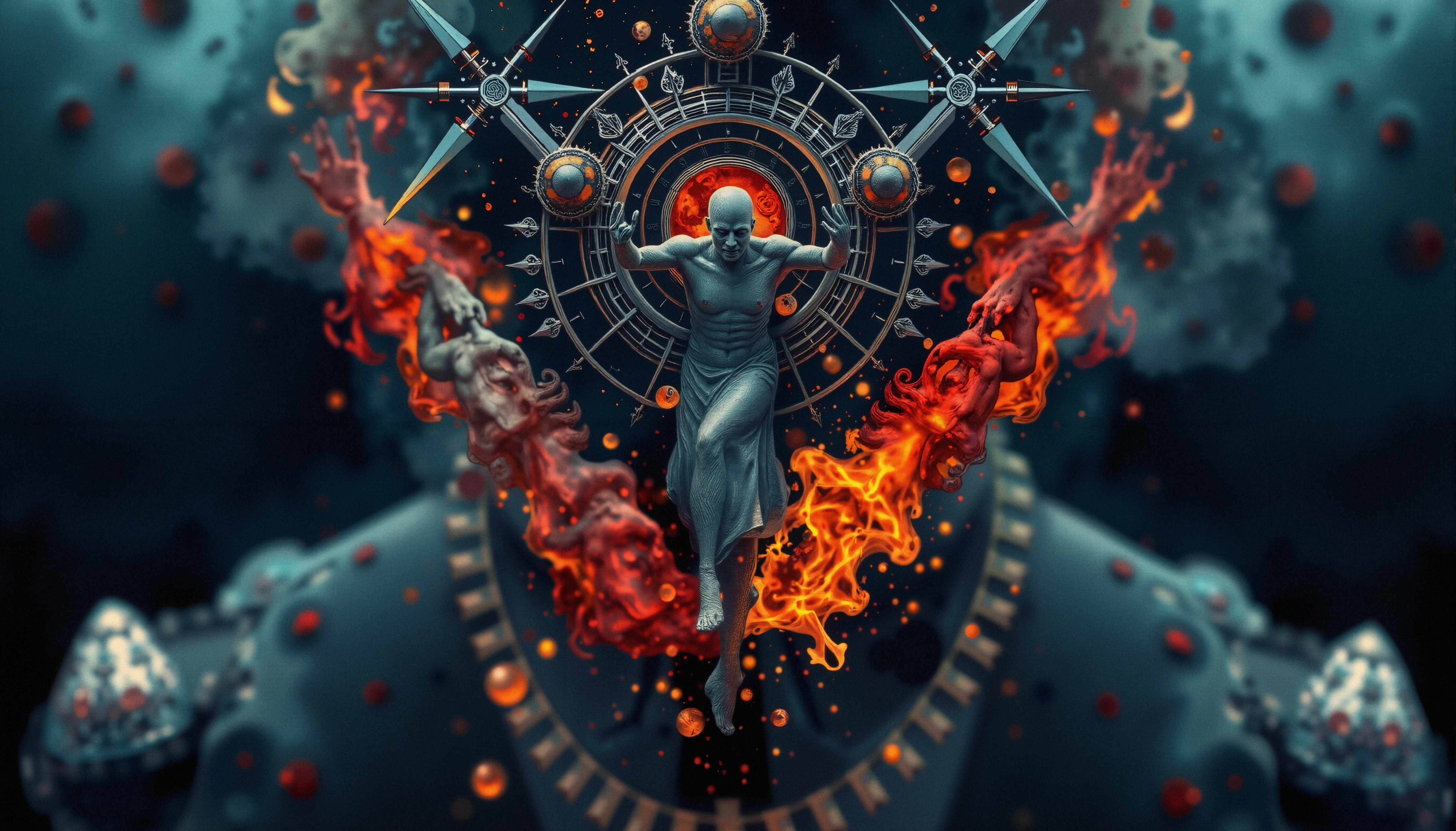 Surreal Mechanical Figure in Flames