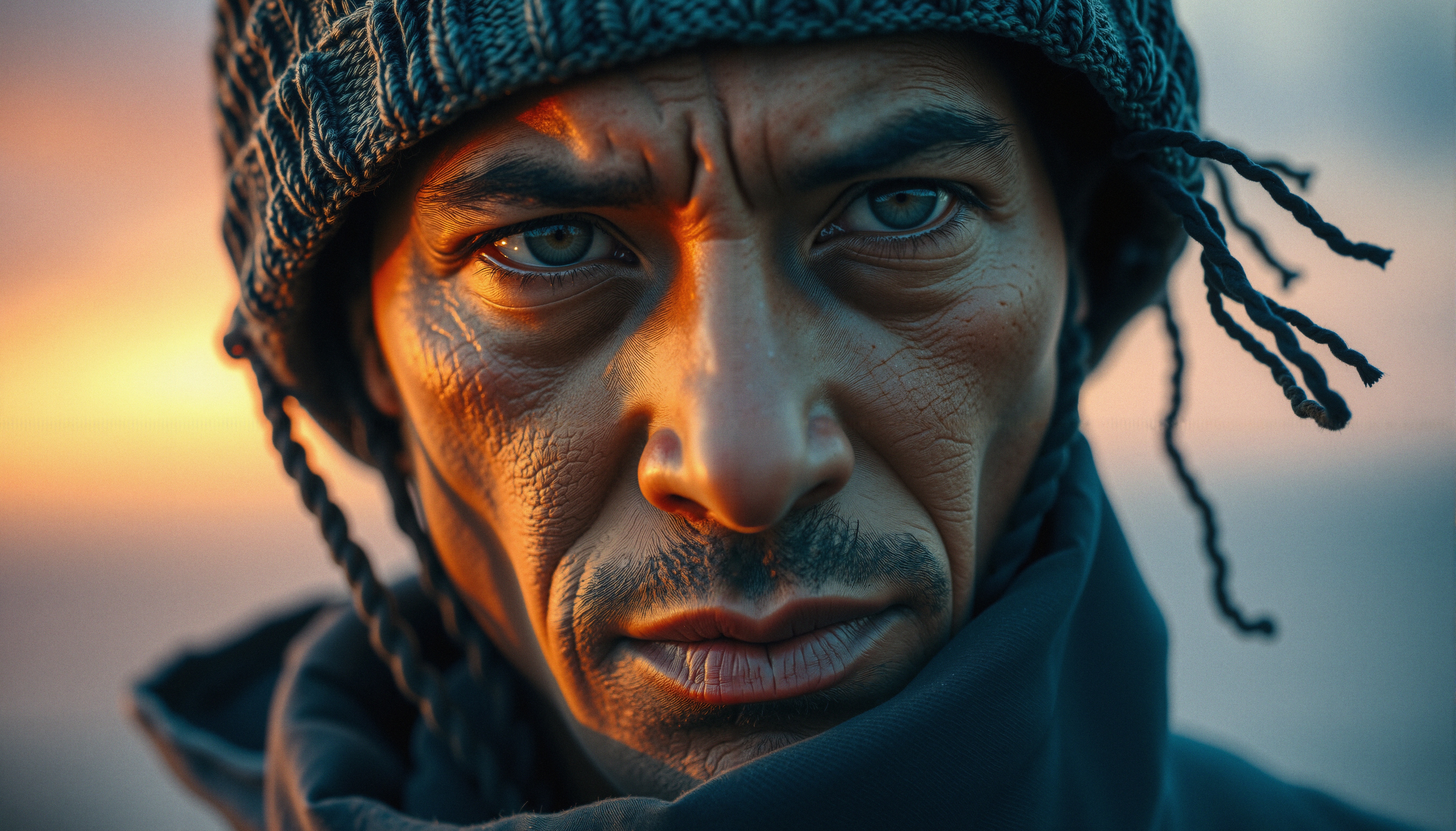Close-up portrait of a man in a knitted hat, illuminated by warm twilight light, with intense gaze.