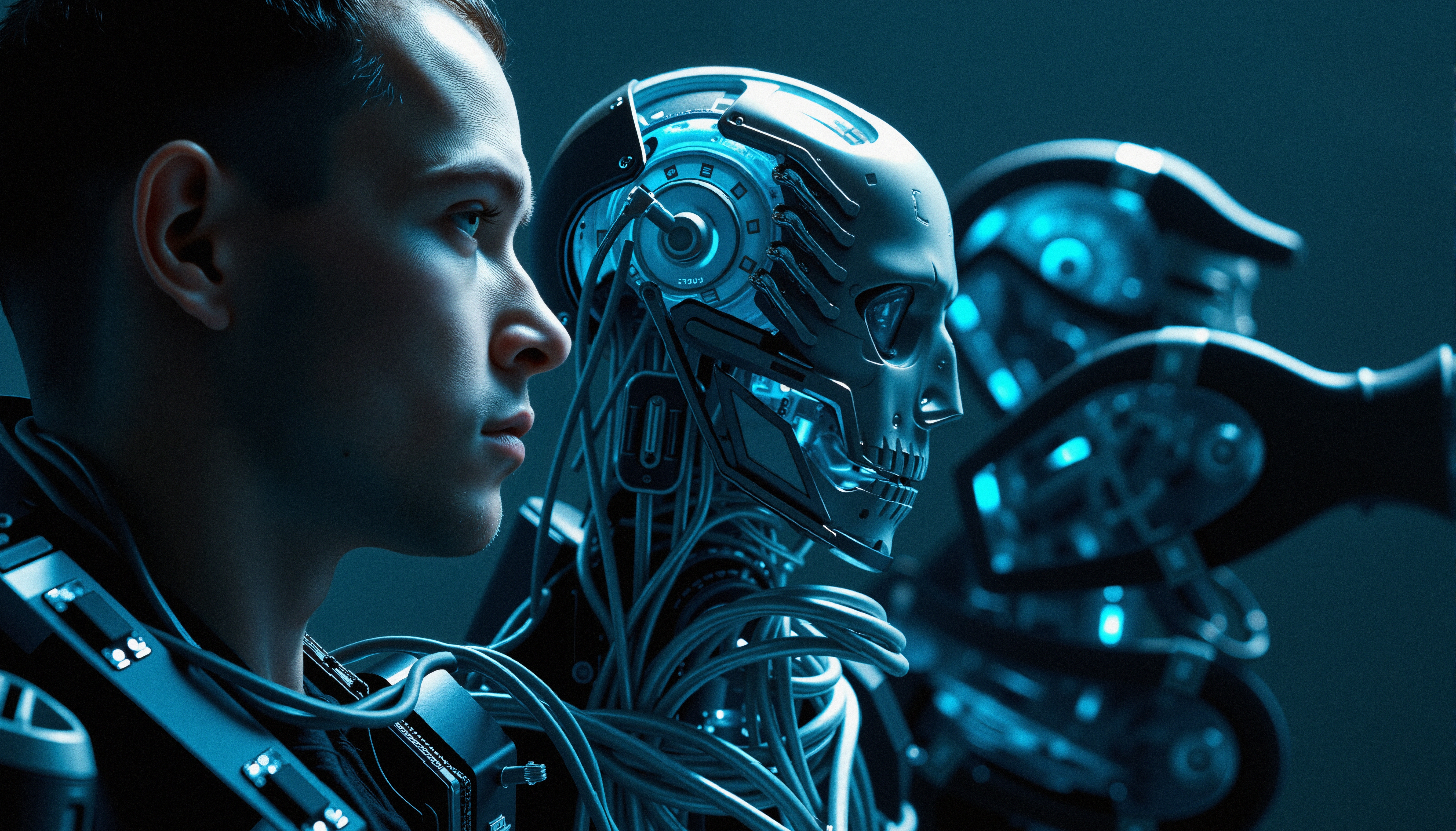 A young man and a robot, side by side, in blue lighting, reflecting human-robot integration.
