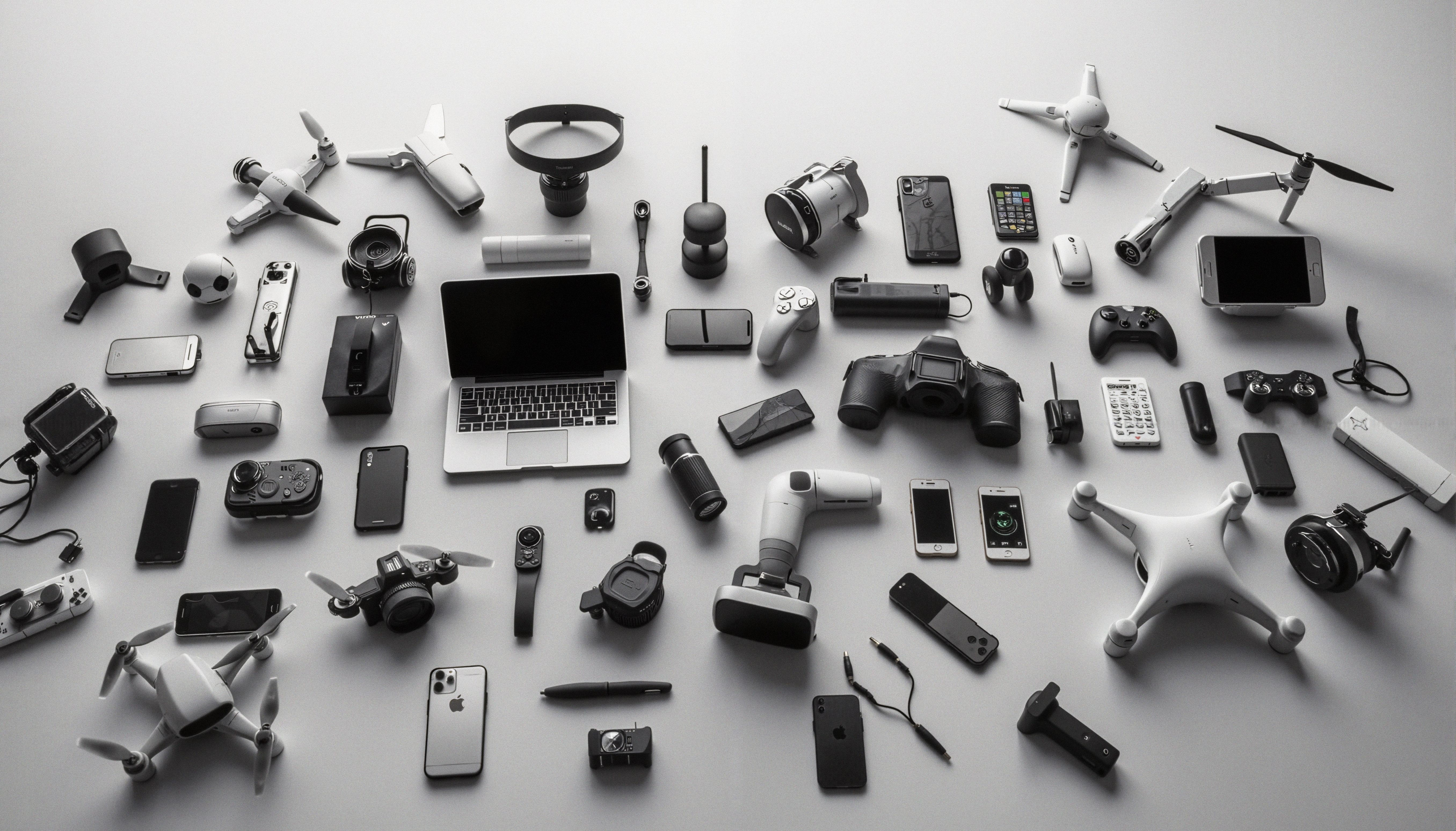 A diverse array of modern technology gadgets laid out on a white background, featuring smartphones, cameras, drones, and controllers in a monochrome scheme.