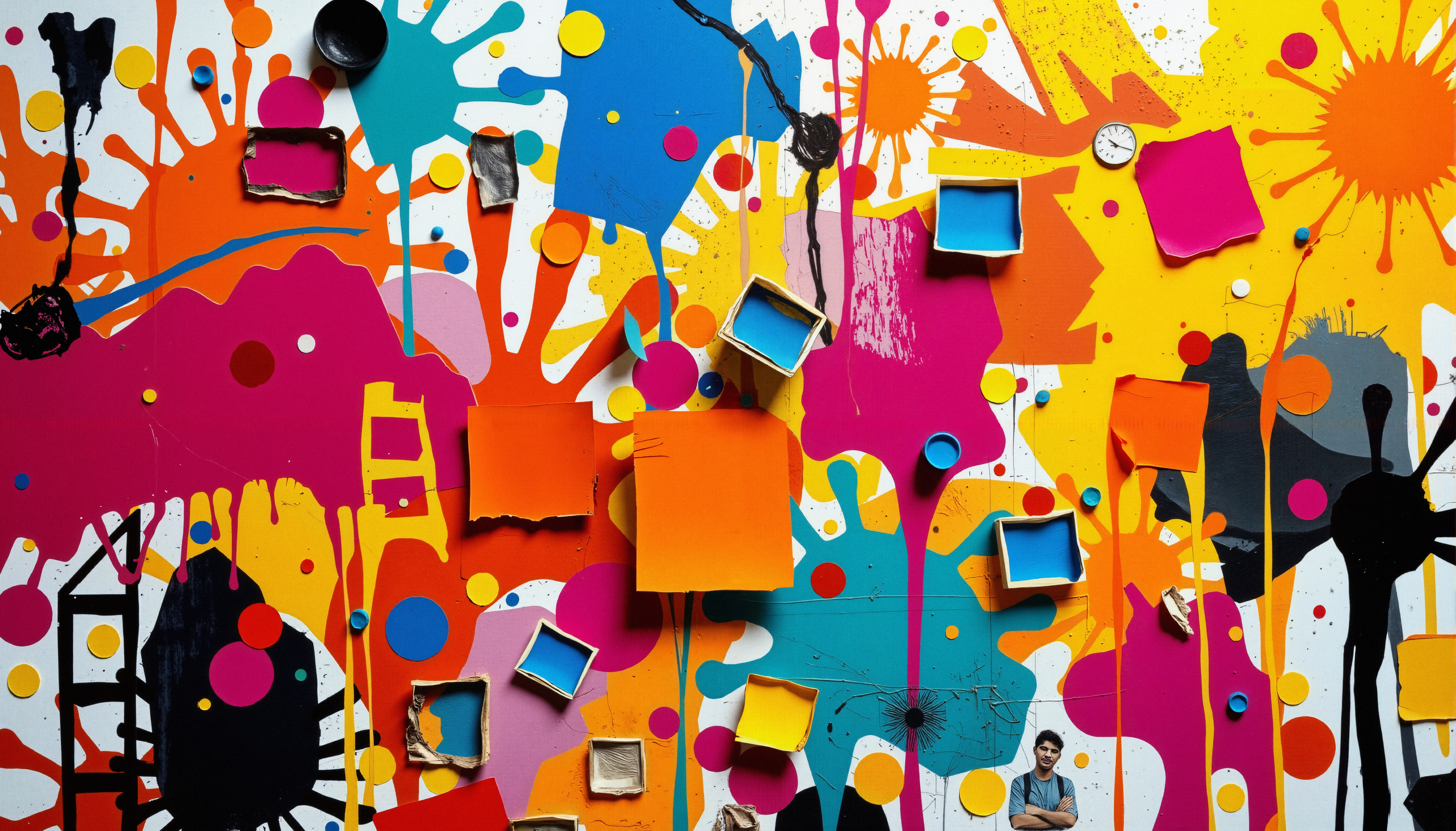 A vibrant, abstract collage with colorful splashes and shapes.