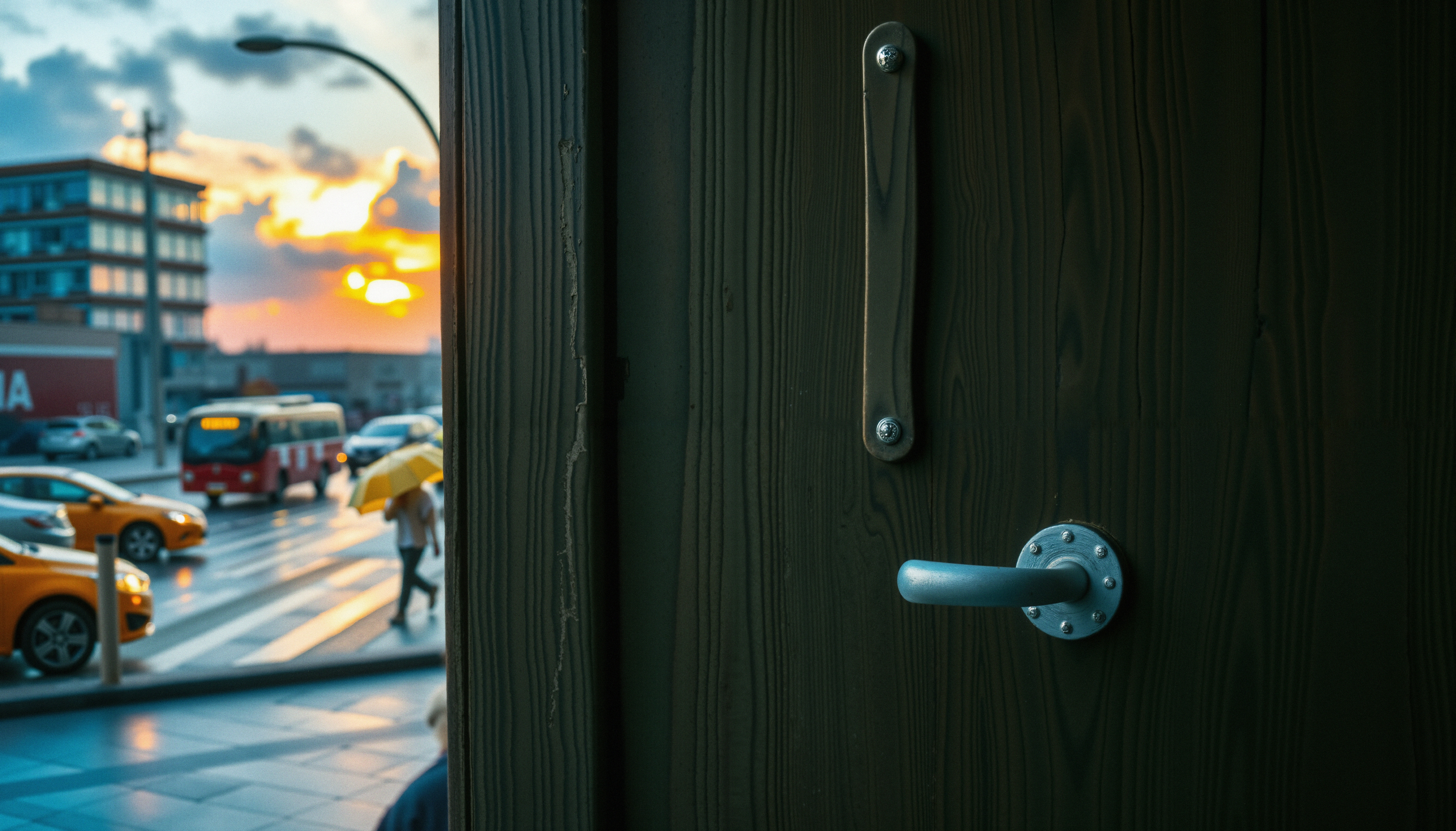 A city street at sunset viewed through an open door, highlighting a bustling urban scene with vehicles and a yellow umbrella.