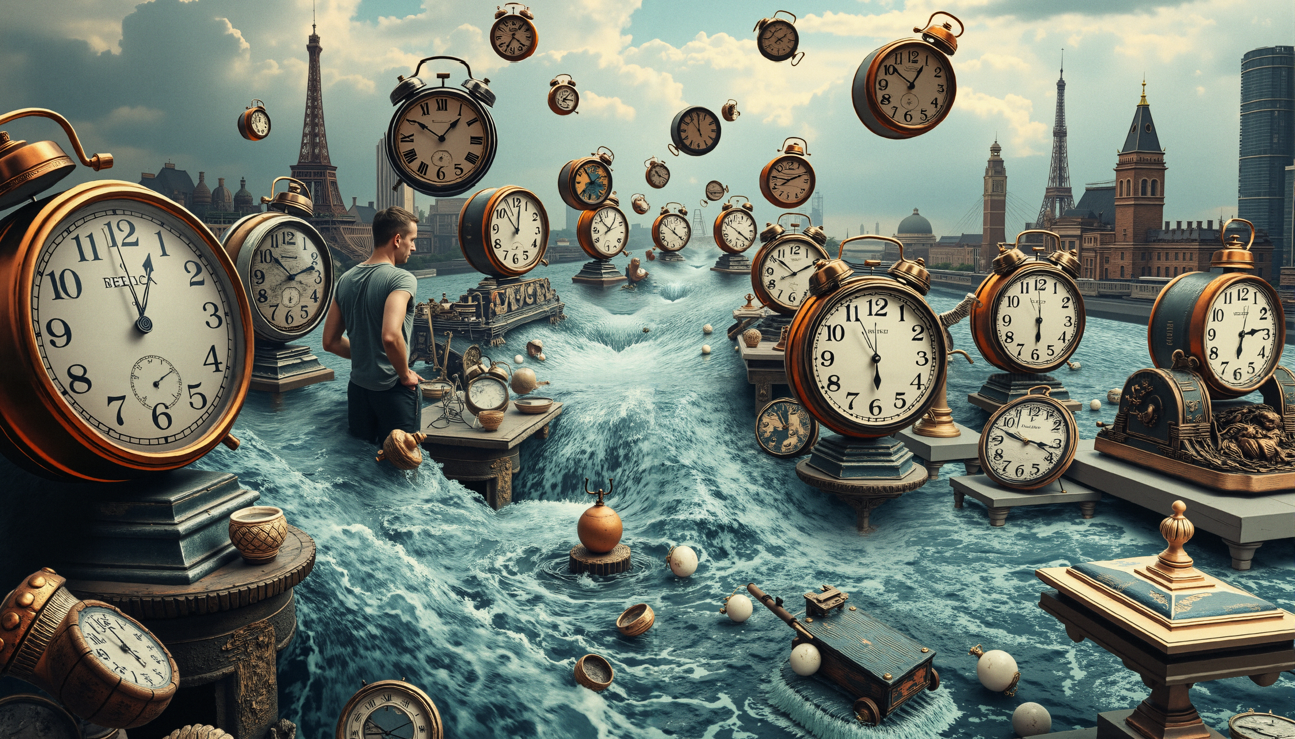 Floating Clocks In Surreal Waters