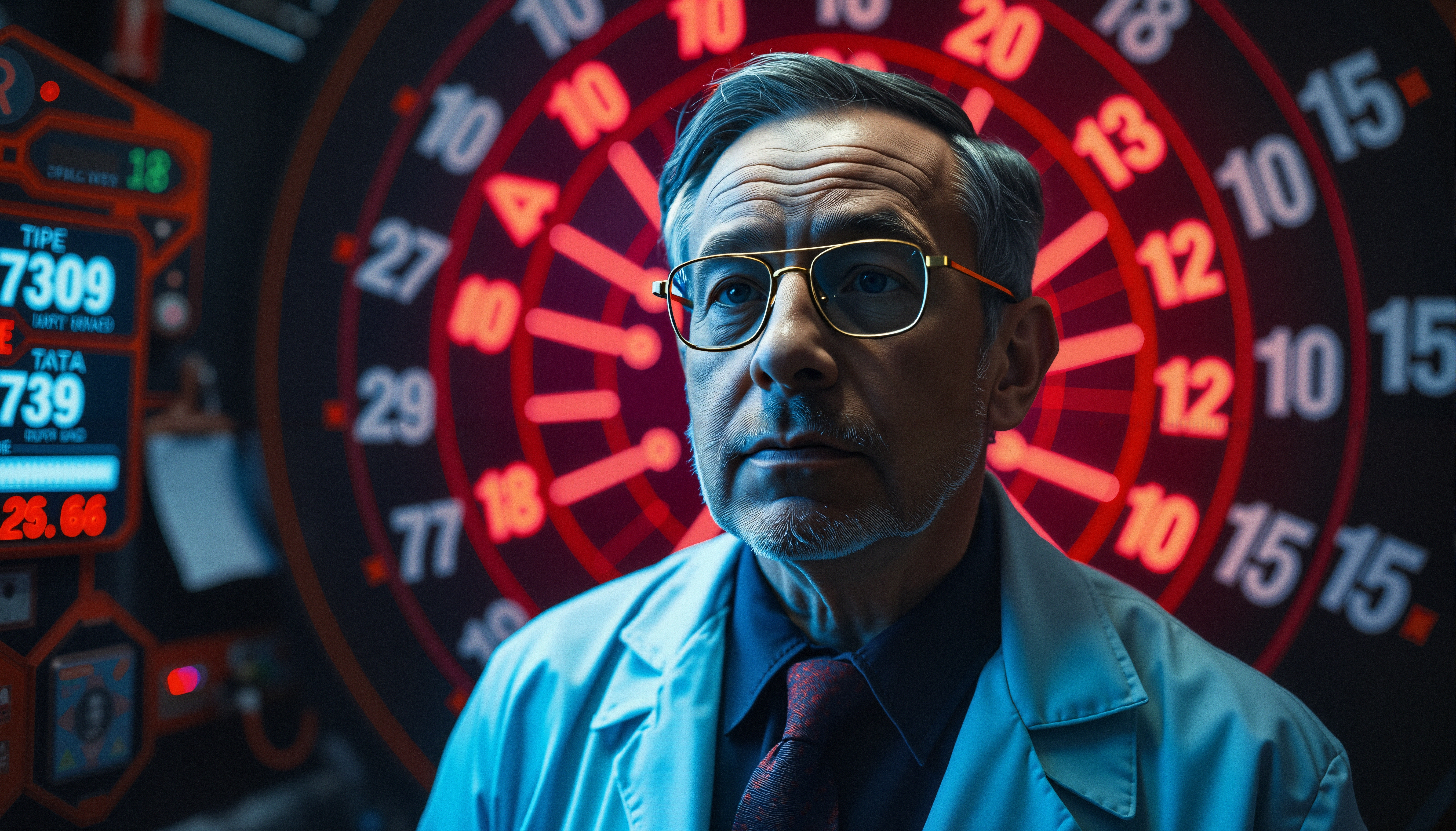 A man in a lab coat stands pensively in front of a brightly lit dartboard, surrounded by digital displays and numbers.
