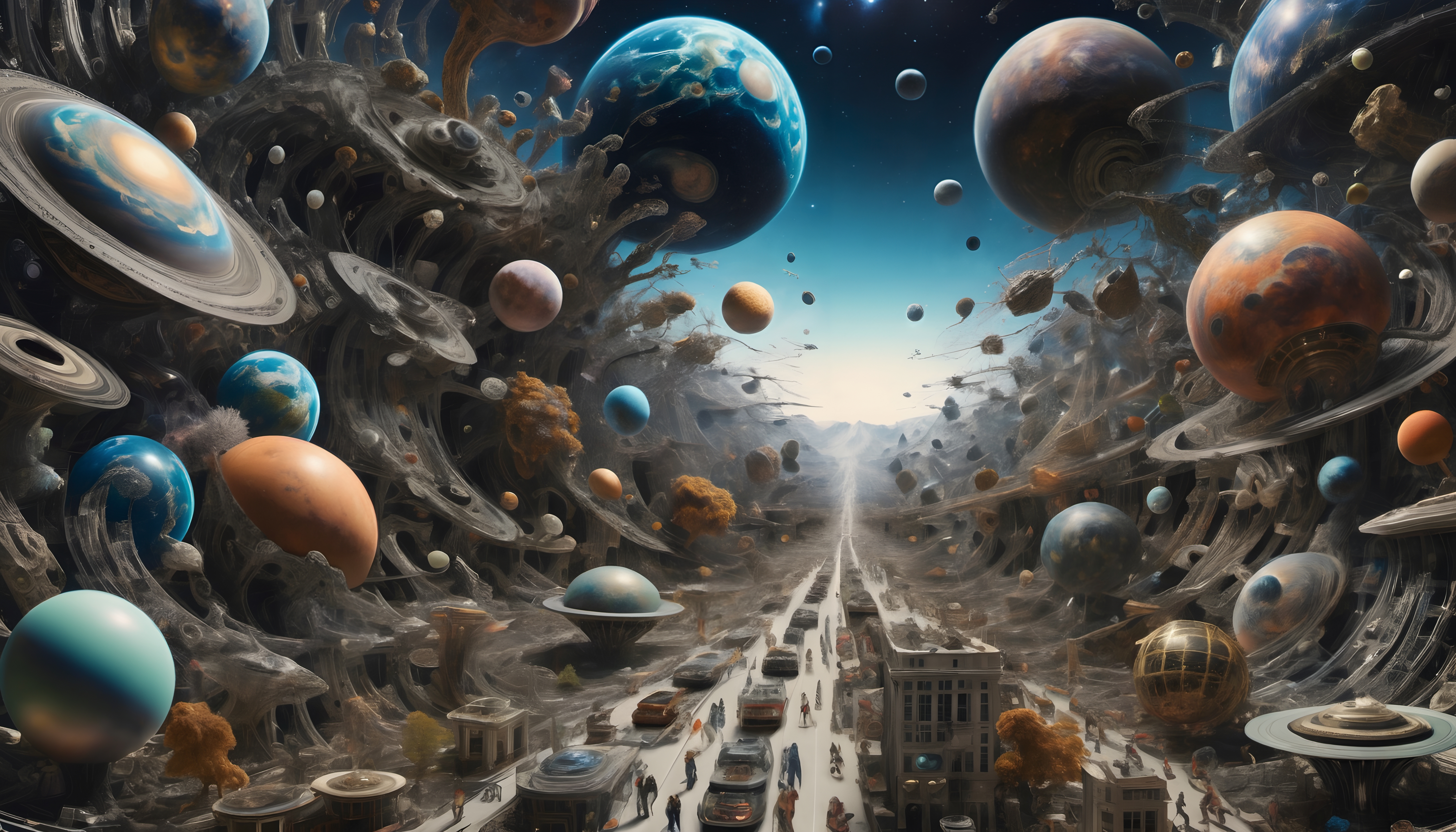 Surreal cityscape with cosmic elements and planets.