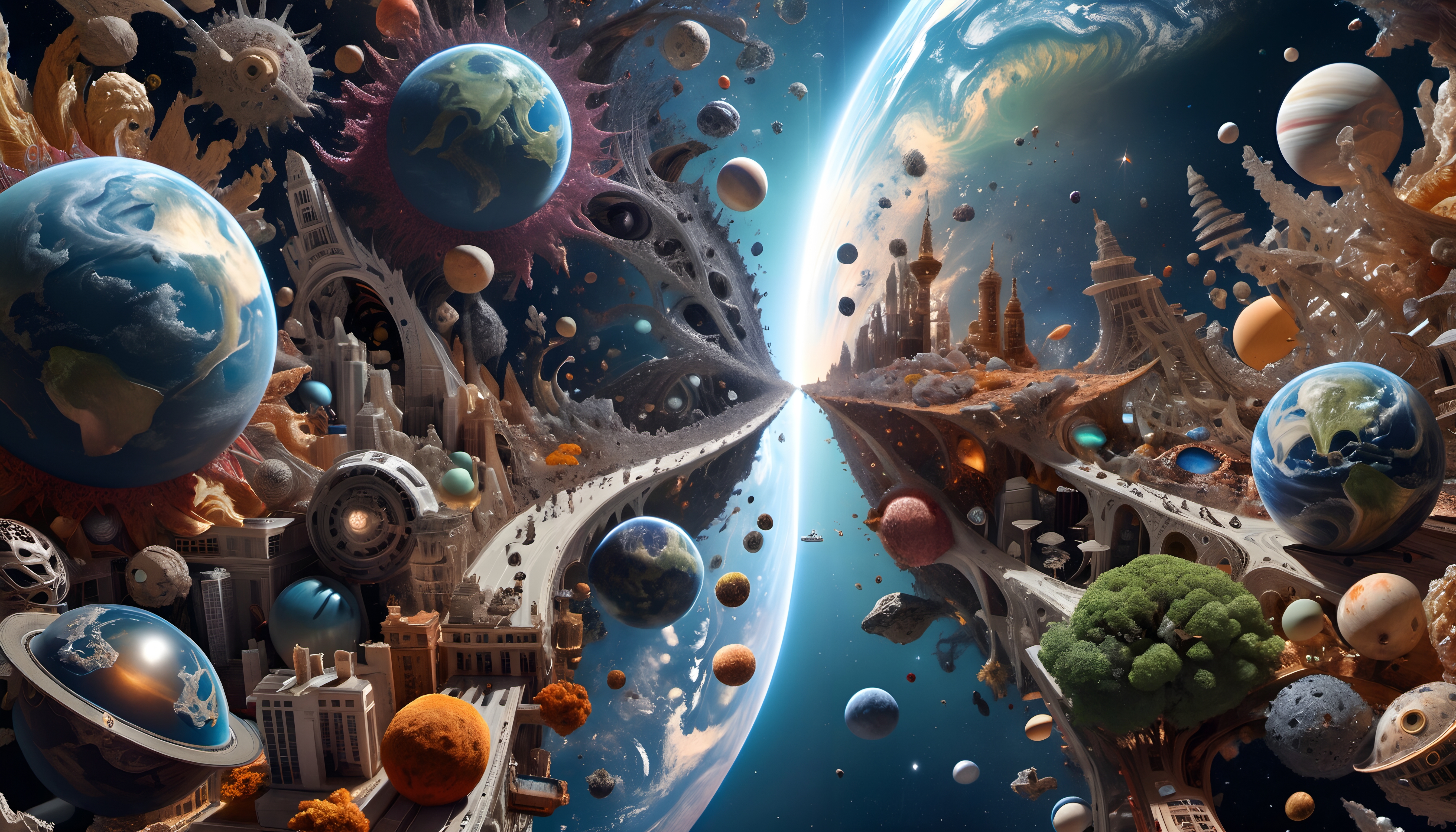 A surreal cosmic scene with planets, futuristic structures, and a celestial pathway divides the universe into imaginative worlds.