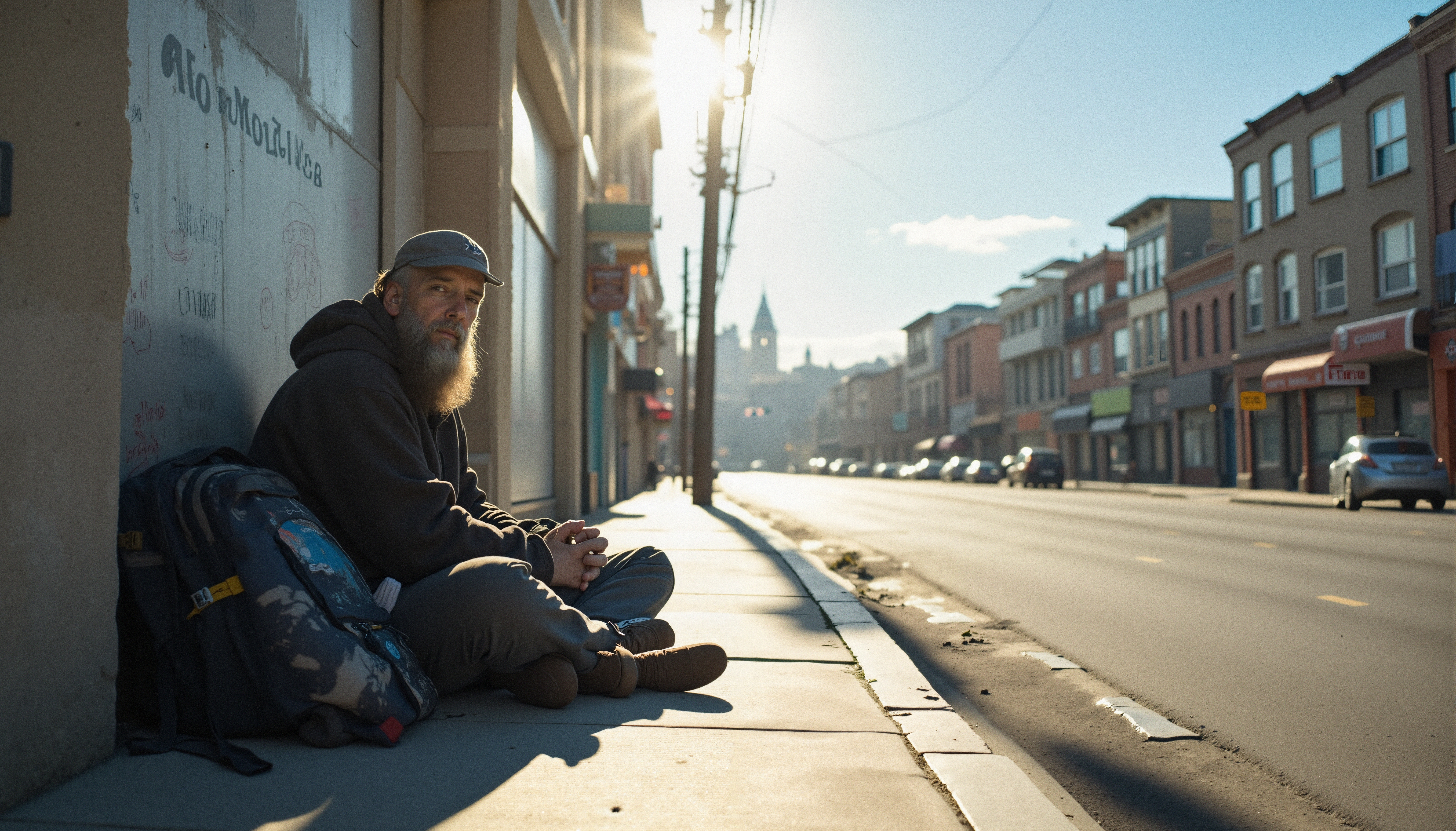 A bearded man sits on a city sidewalk with a backpack, bathed in warm sunlight near shops.