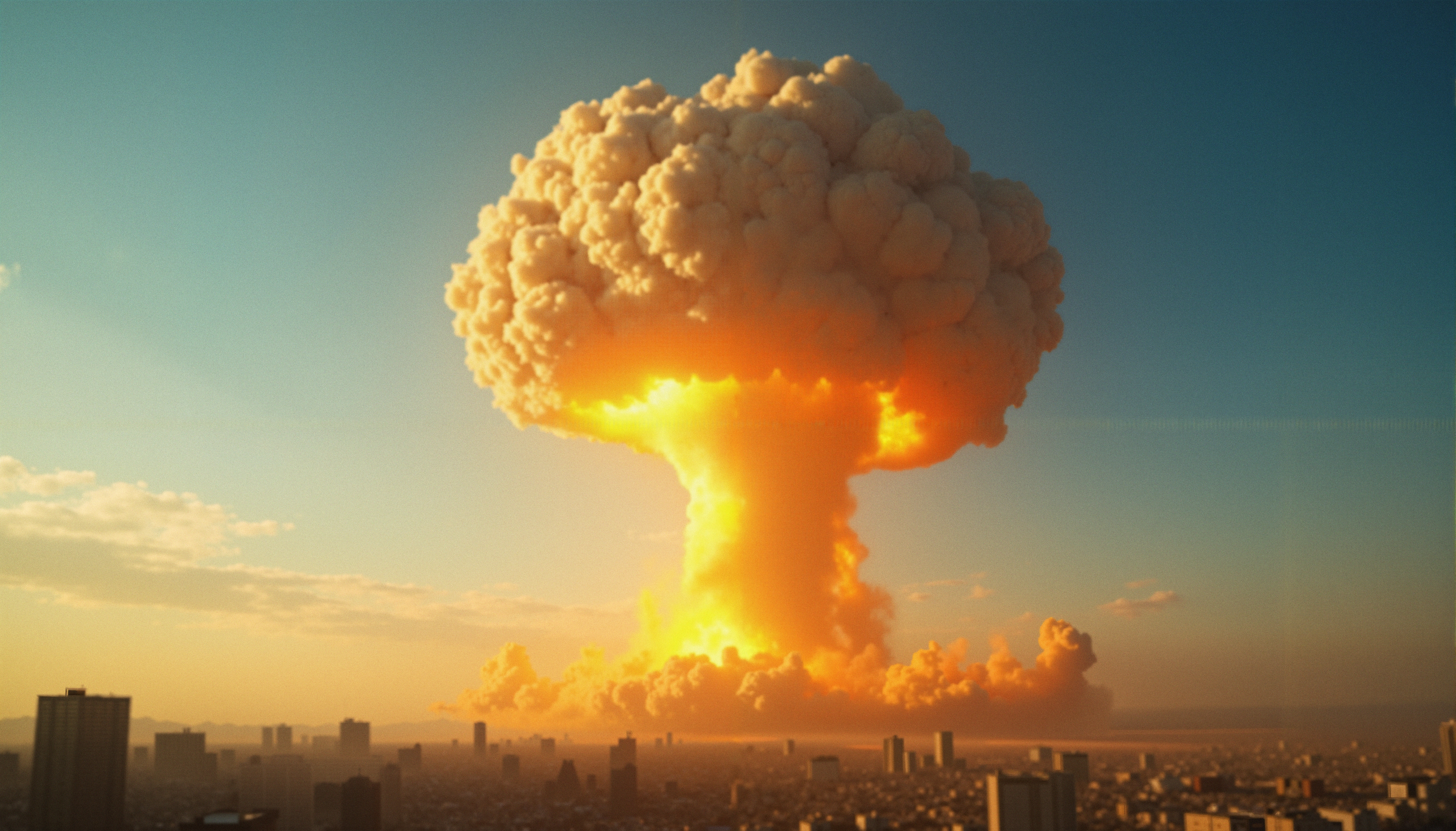 A bright mushroom cloud rises over a city at sunset, casting an orange glow against a clear blue sky.