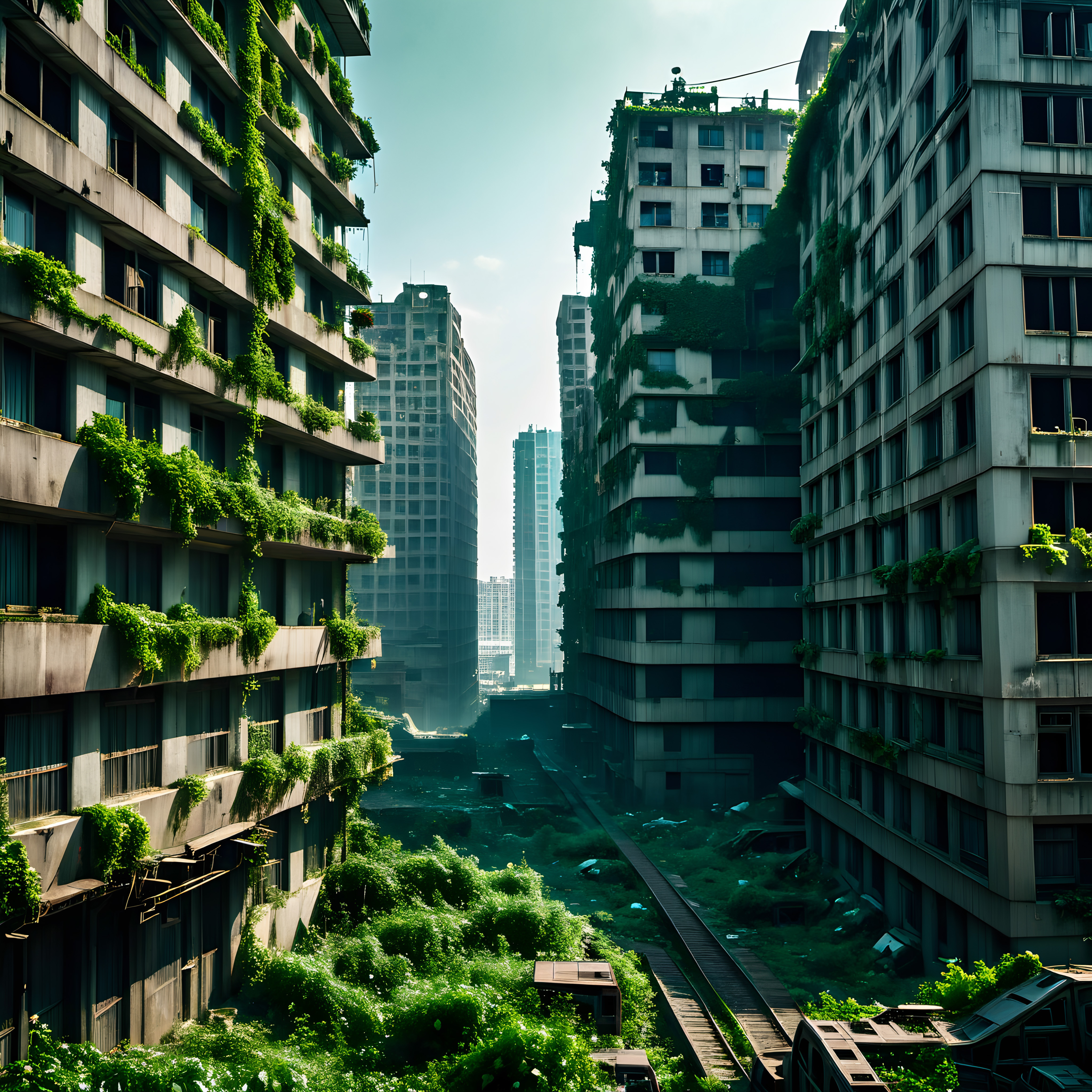 Abandoned cityscape overgrown by lush vegetation in urban decay.