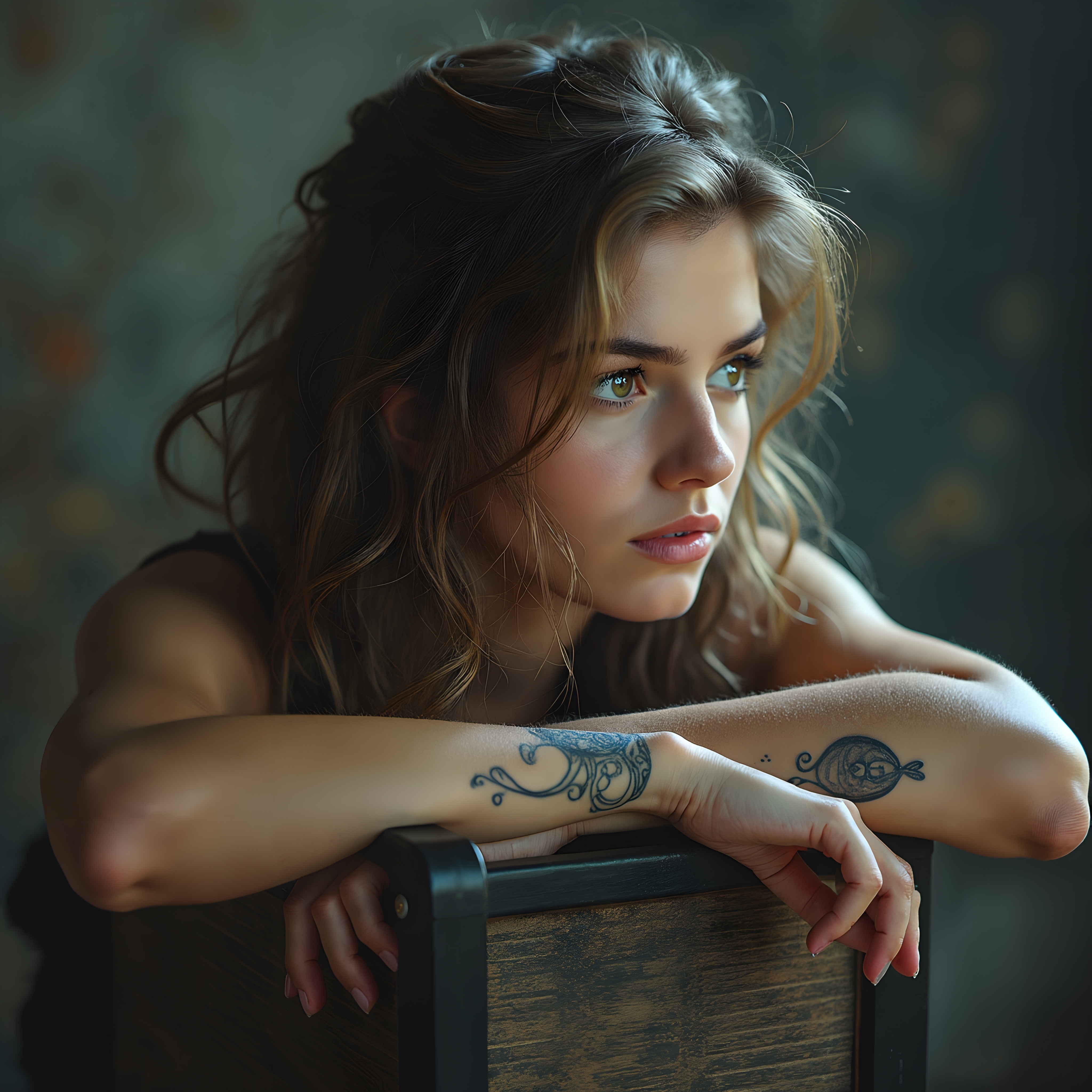 Contemplative Look With Tattooed Arm