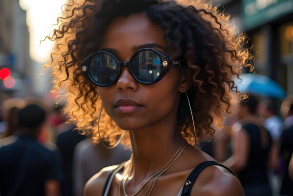 A stylish woman with curly hair and large sunglasses stands in a bustling city street, embodying urban fashion.