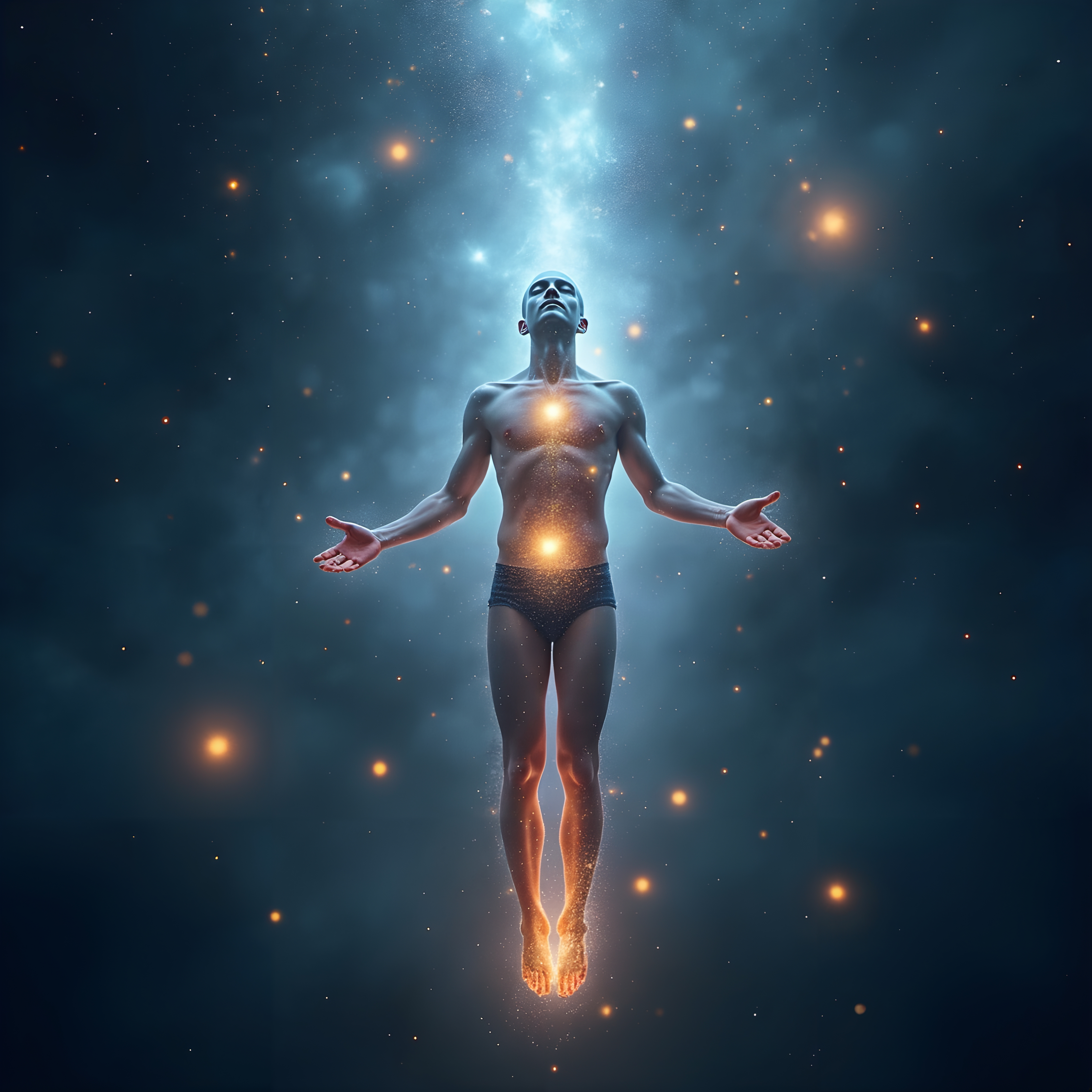 A man floats in cosmic space with glowing body, surrounded by stars and ethereal light.