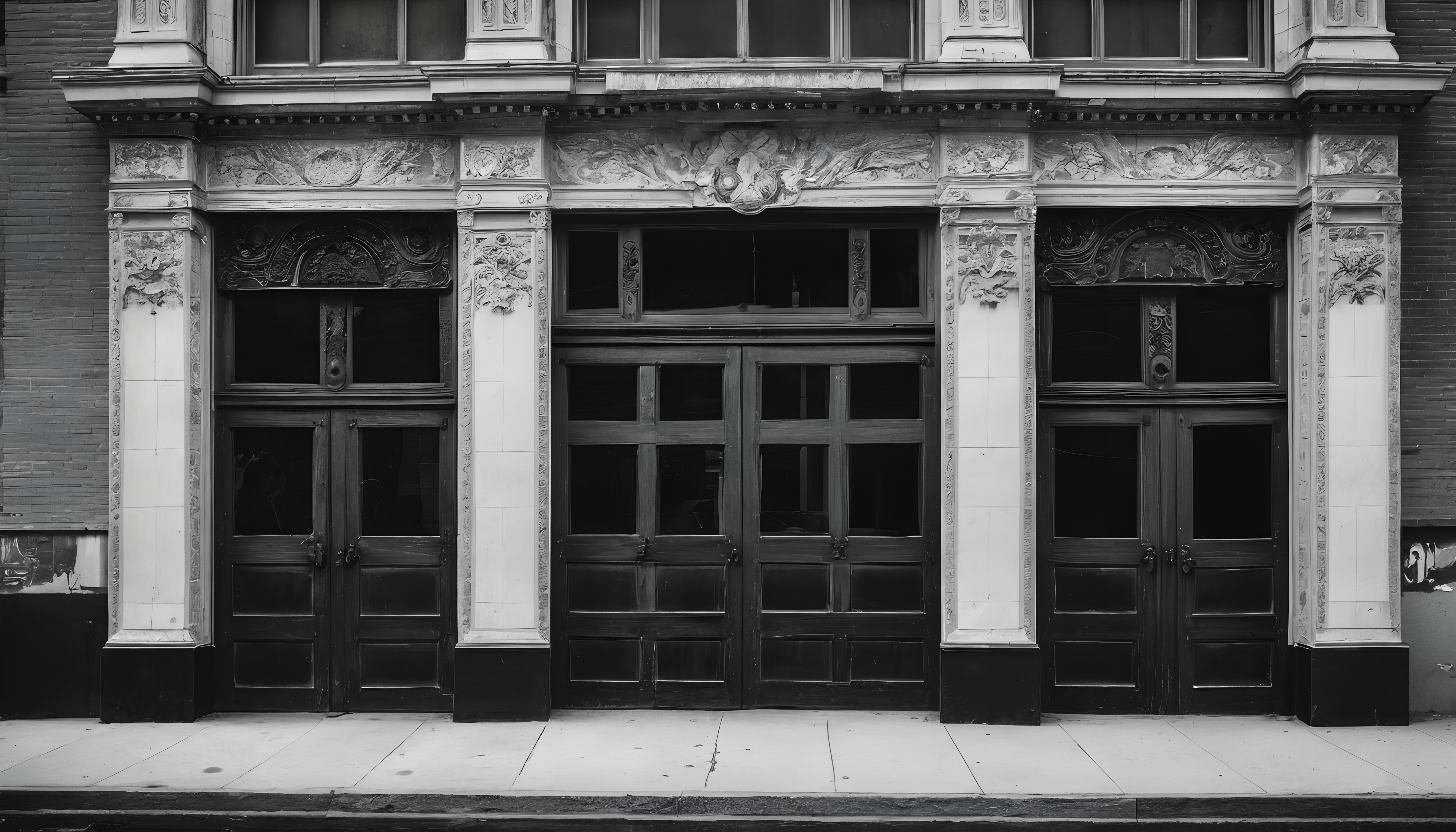 Black and white photo of an ornate historical building facade with detailed carvings and large wooden doors.