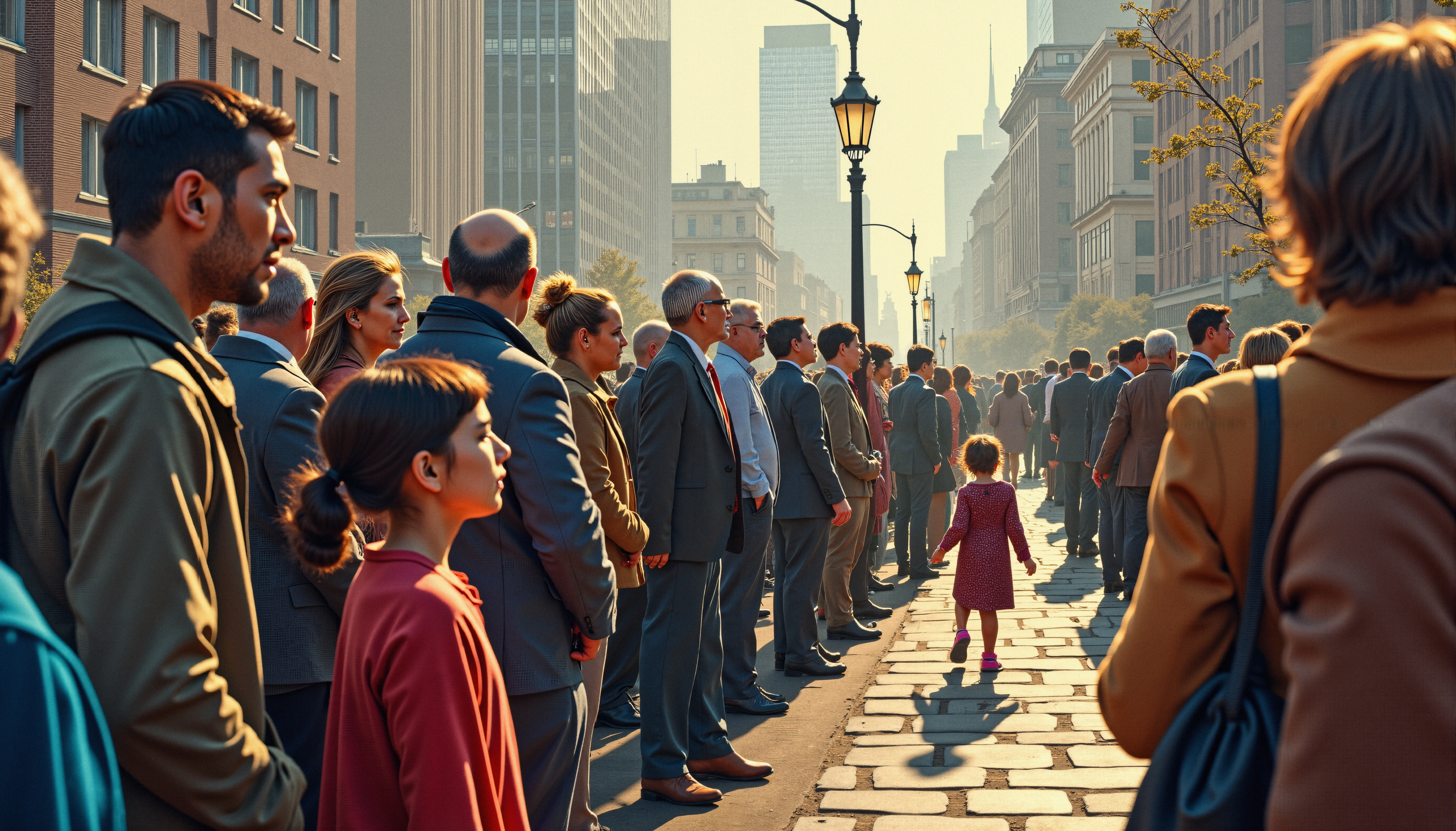 A little girl walks confidently down a city street, surrounded by adults.