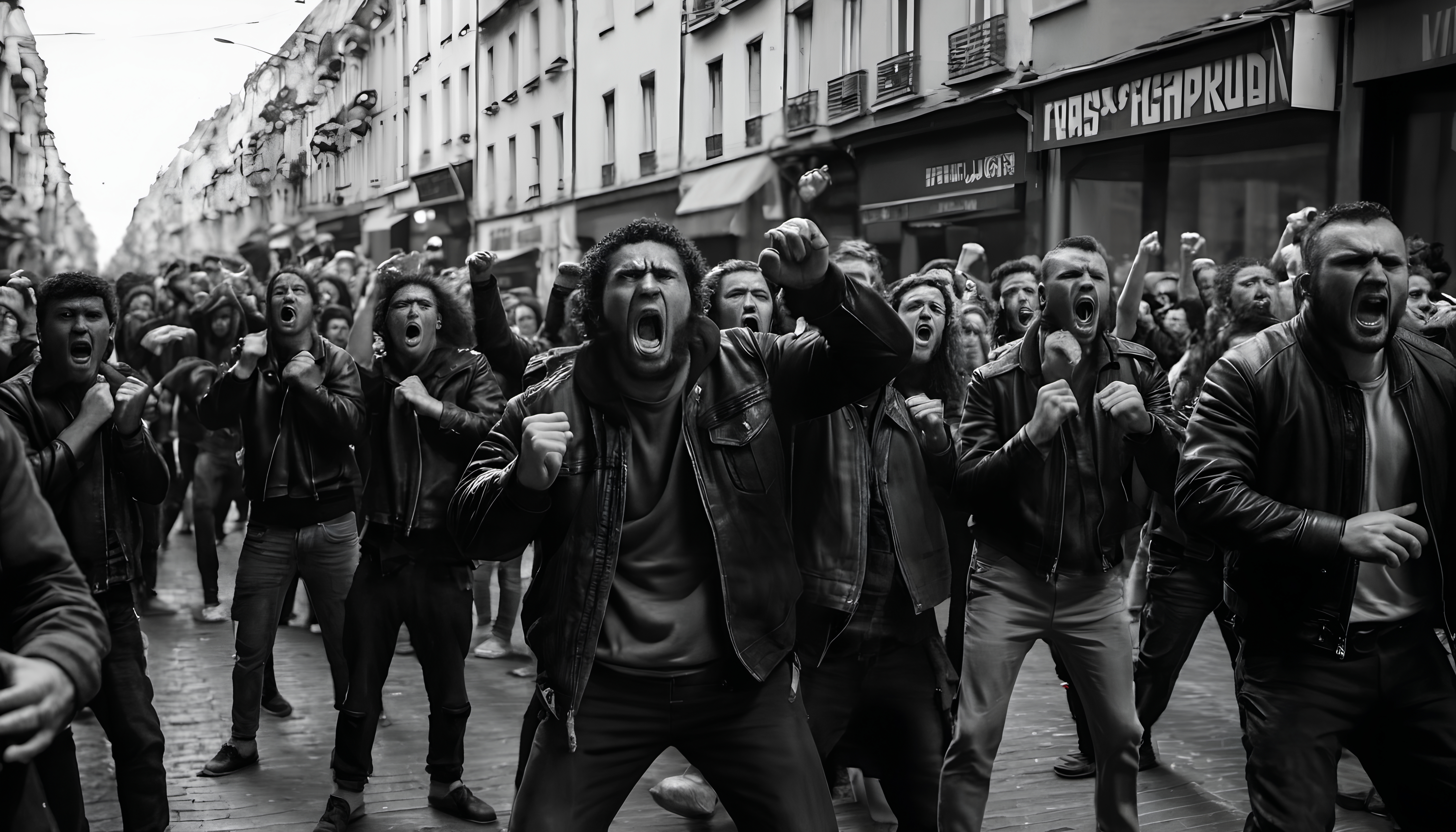 A large crowd passionately protests on a city street.