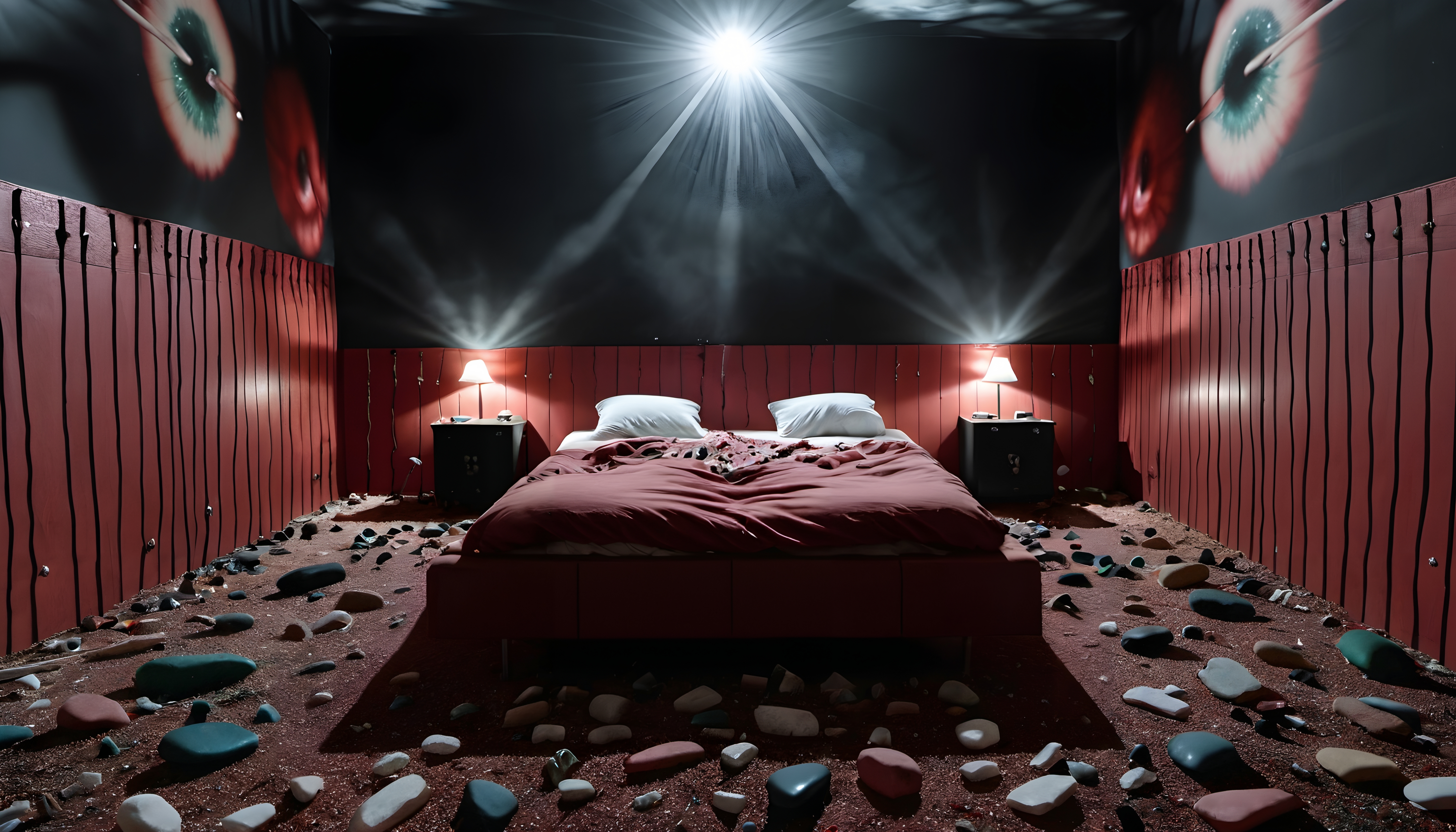 Surreal Red Bedroom with Rocks