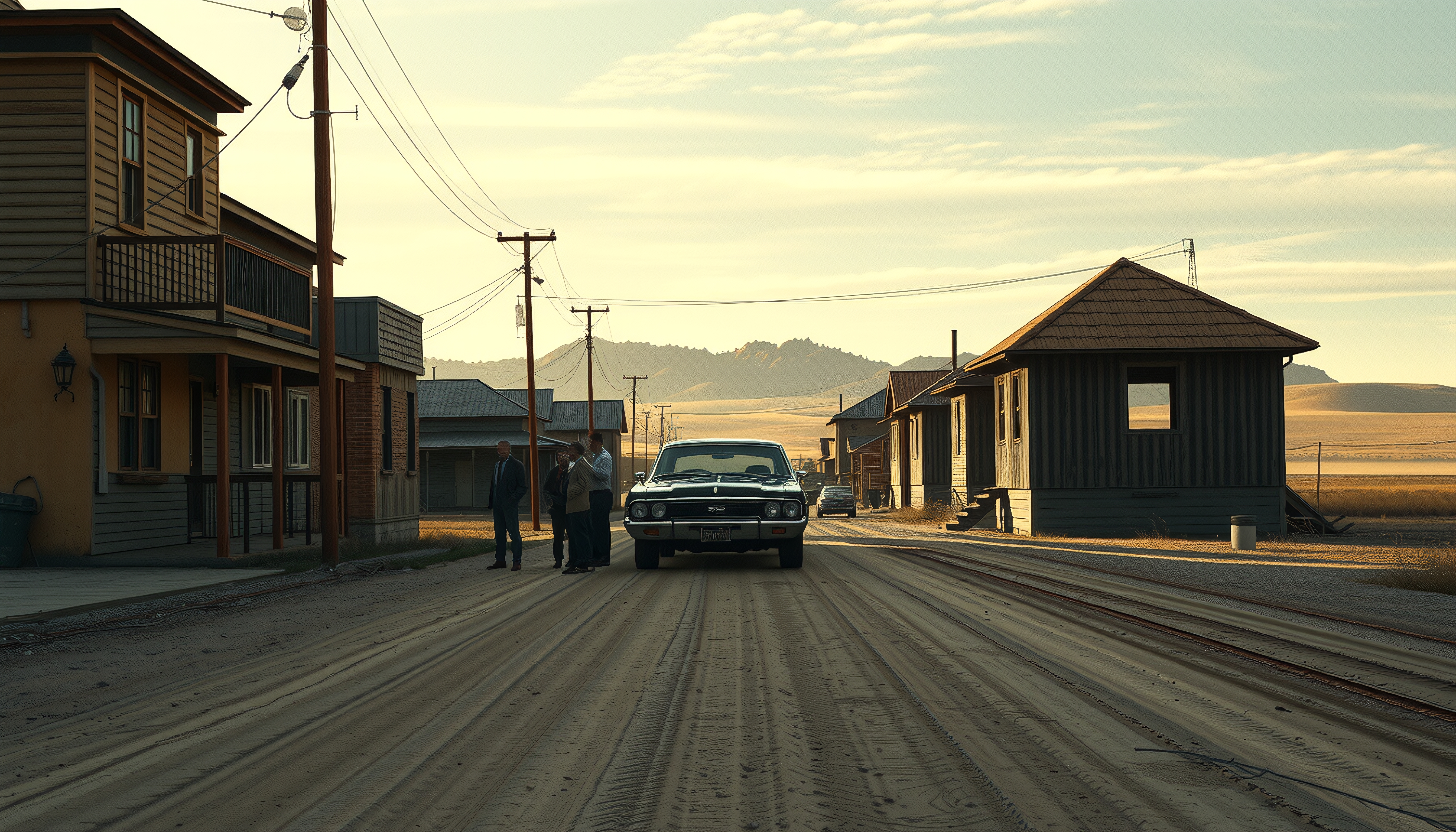 A vintage car parked on a dusty street in a small town at sunset, surrounded by nostalgic wooden buildings and gathering people.