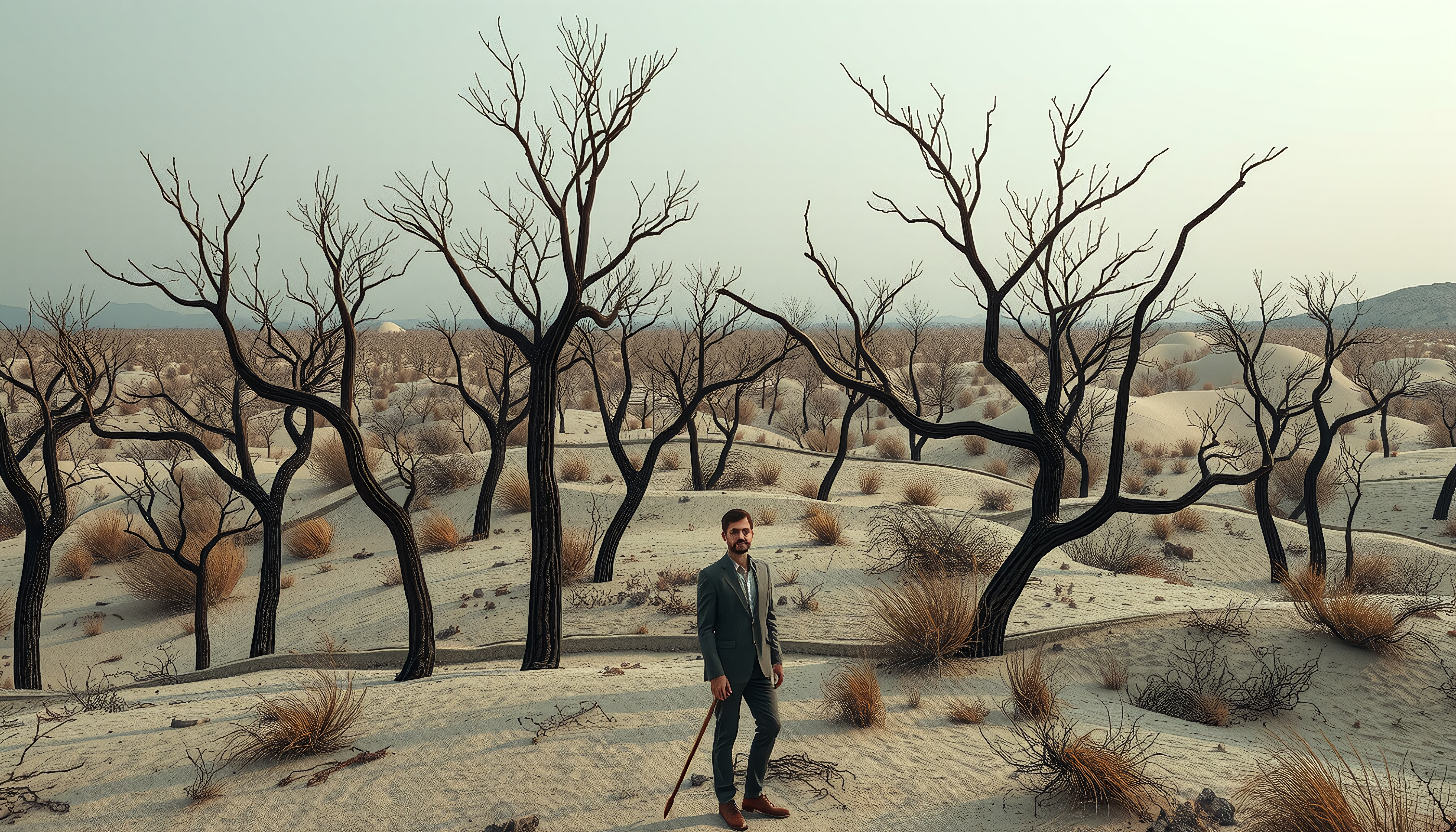 A man in a suit with a cane stands in a barren desert with gnarled trees.